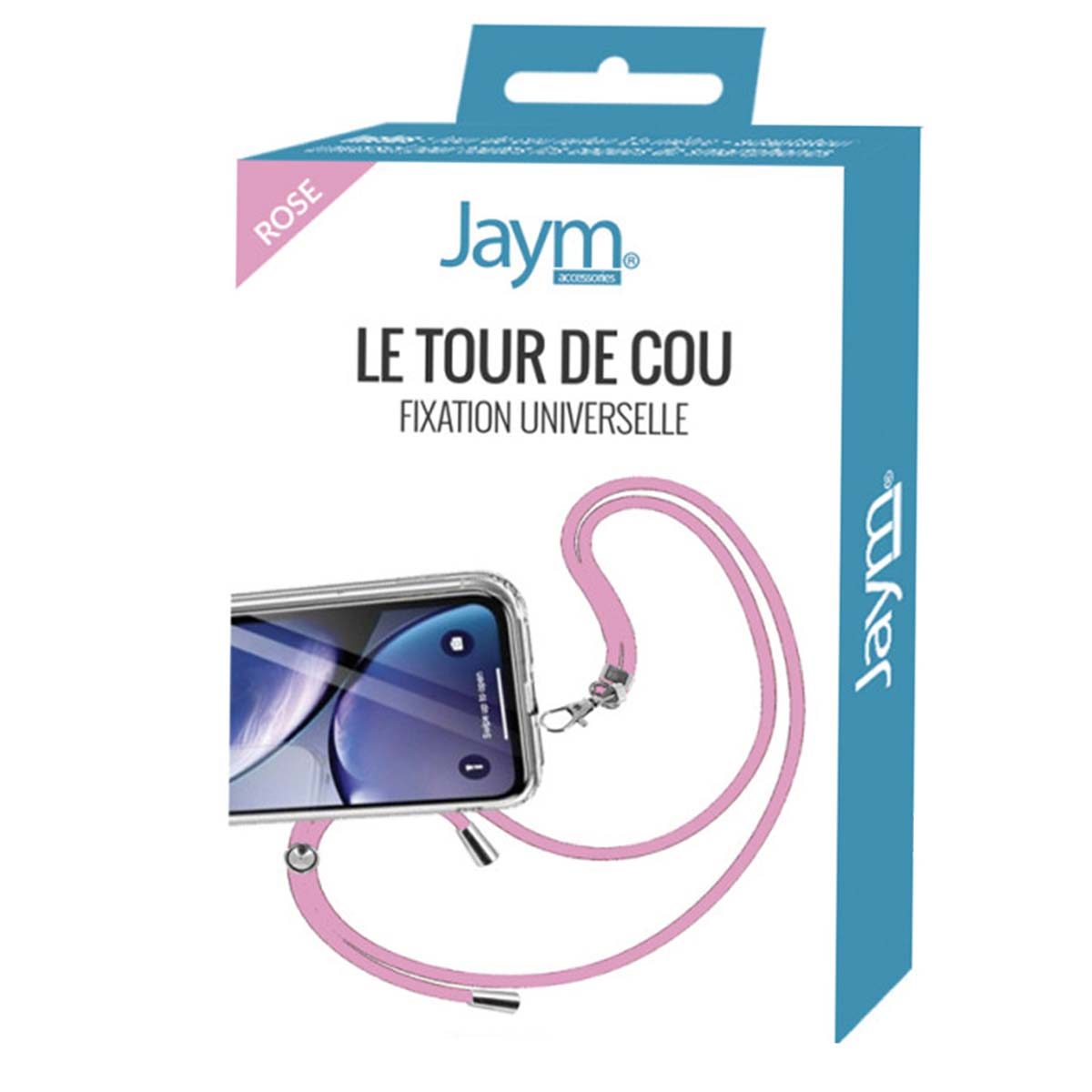 Eine Handyhülle mit rosa Lanyard. Die Verpackung trägt die Aufschrift 'Le Tour de Cou' und 'Jaym'. Der Bildschirm zeigt den Sperrbildschirm.