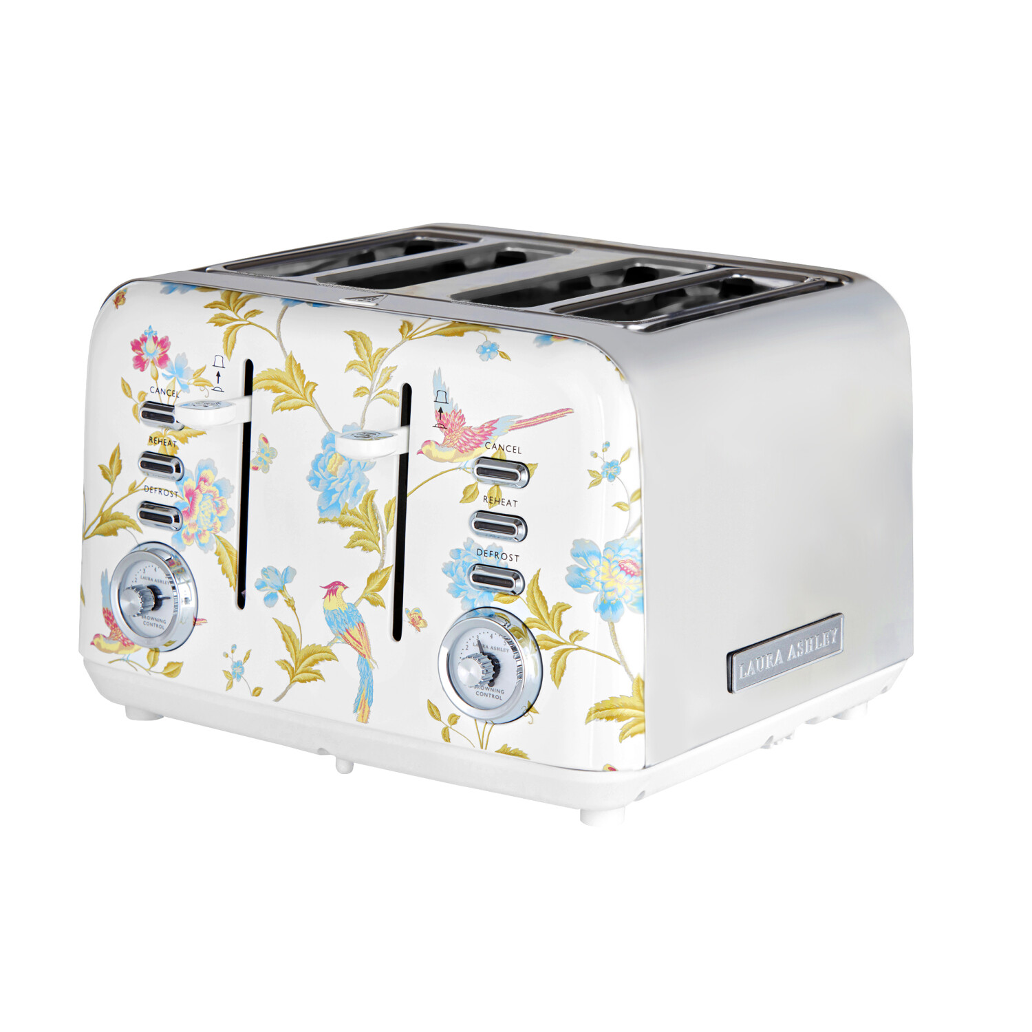 Ein weißer Toaster mit Blumen- und Vogelmustern. Er hat vier Schlitze, Chromseiten und das Laura Ashley-Branding.