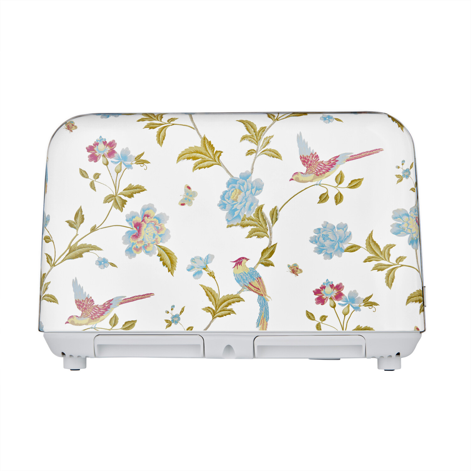 Toaster mit Blumen- und Vogelmuster. Weißer Hintergrund mit rosa, blauen, gelben Vögeln, Blumen und grünen Blättern. Zwei Schlitze für Brot.