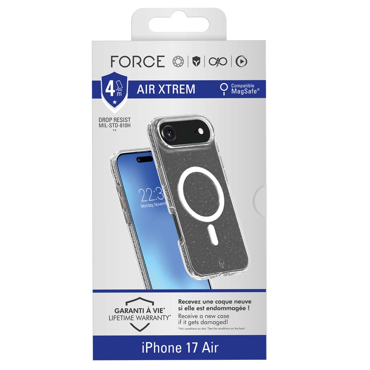 Una scatola di custodia per telefono. La custodia è trasparente con un cerchio bianco. Il telefono mostra l'ora 22:30. Testo: Air Xtrem, Lifetime Warranty.