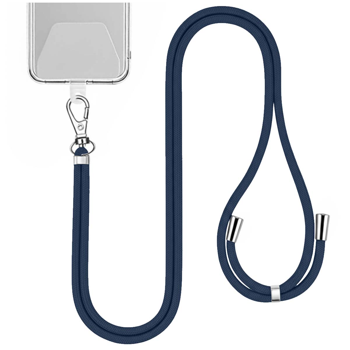 Un cordino blu navy per telefono. Ha una custodia trasparente, un fermaglio argentato e un cordino spesso e intrecciato con dettagli argentati.