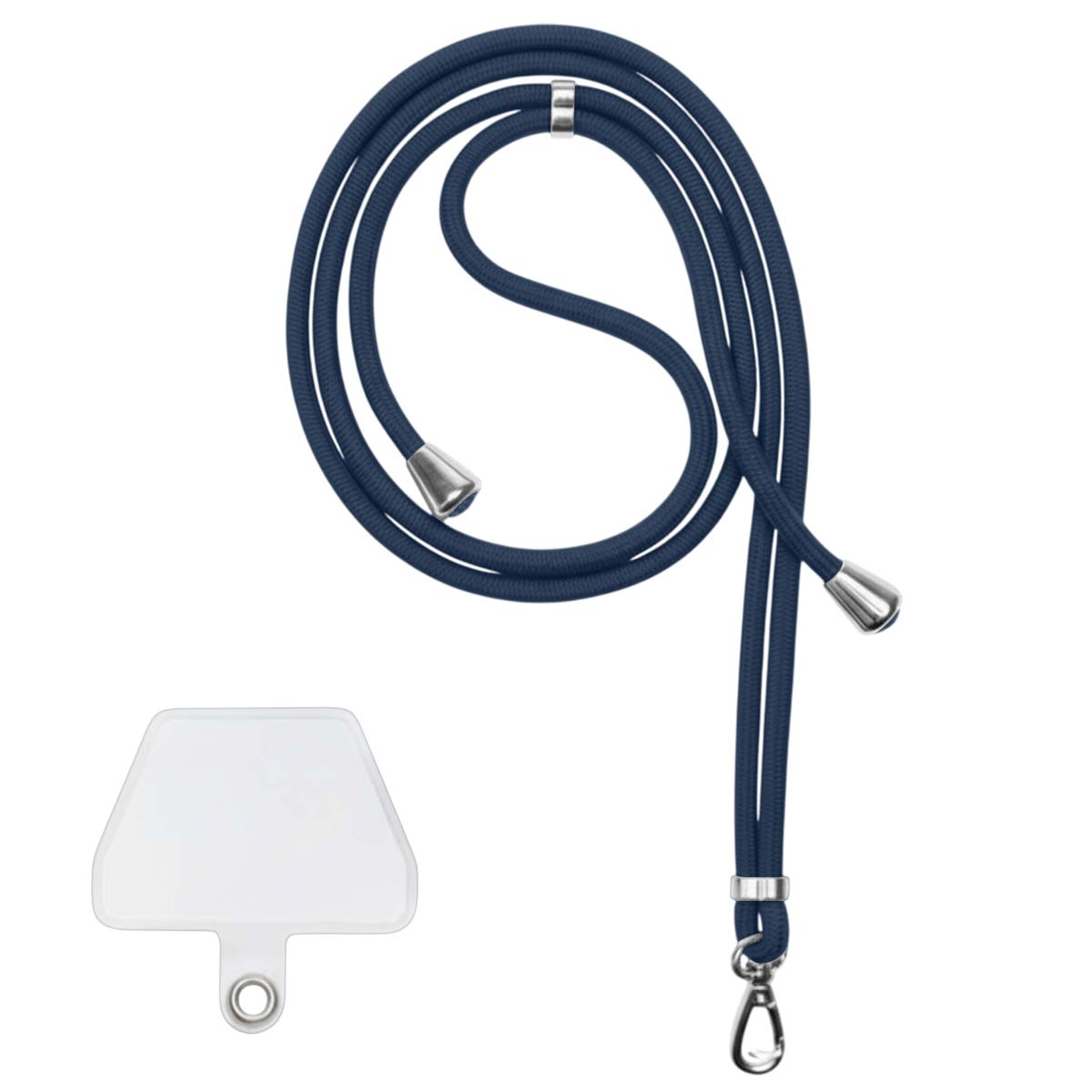 Un cordino per telefono blu navy con dettagli argentati e un supporto per telefono bianco su sfondo bianco.