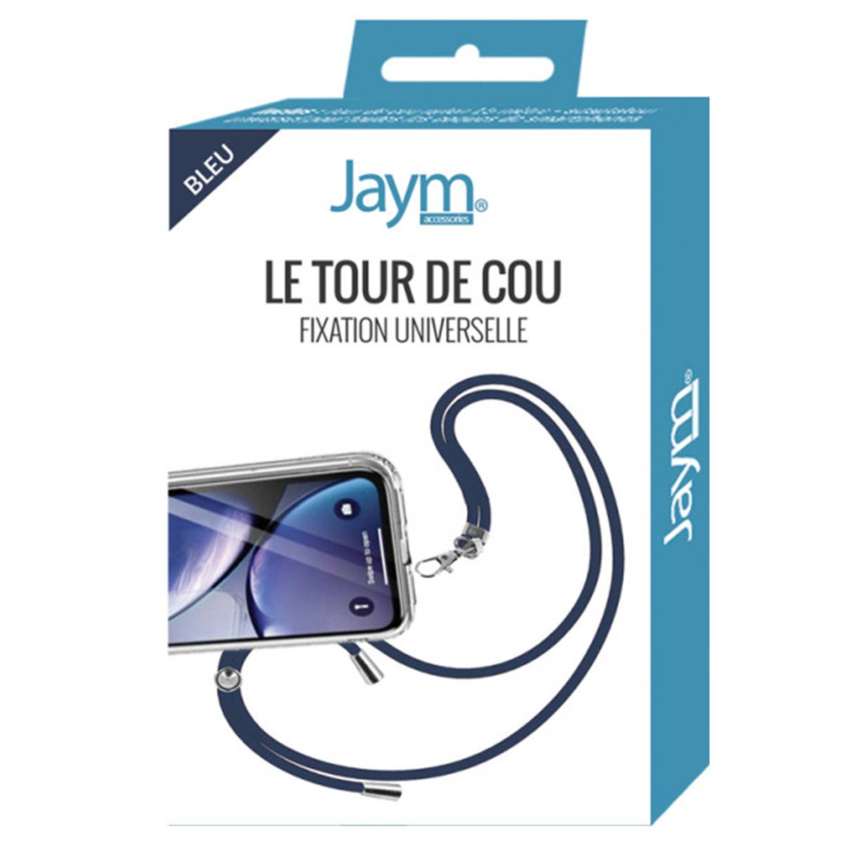 Una custodia per telefono con cordino. La scatola dice 'Le tour de cou' e 'Jaym'. Lo schermo del telefono mostra la schermata iniziale.