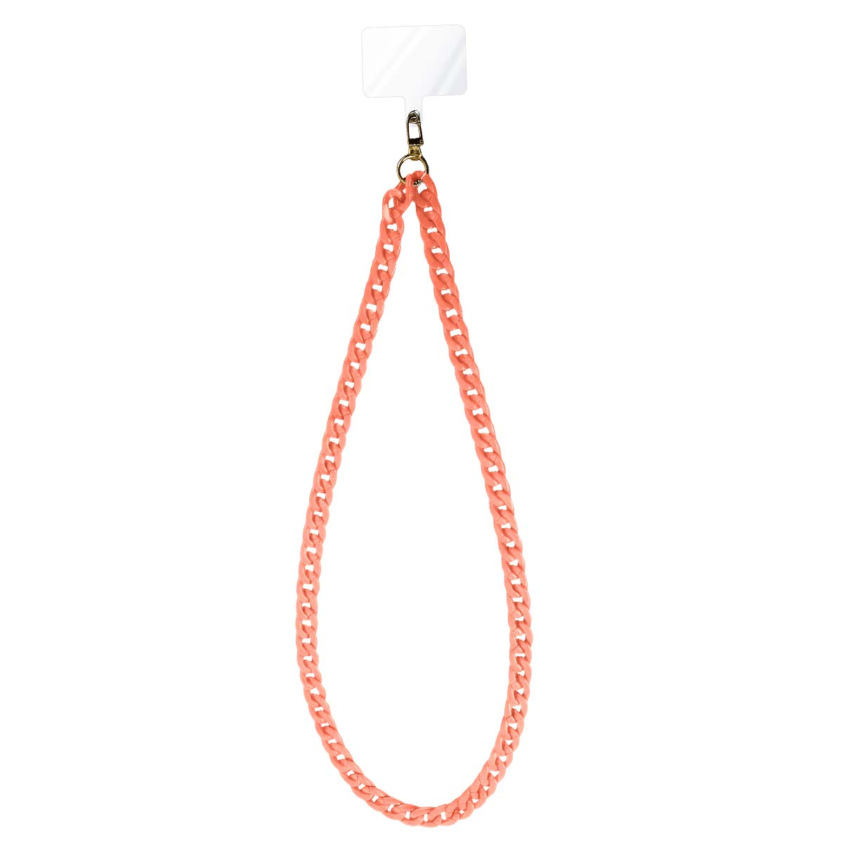 Un cordino a catena color corallo per telefono, appeso su sfondo bianco. Ha un'aletta di plastica trasparente e un fermaglio dorato.