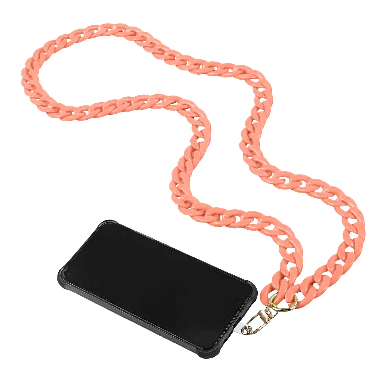 Uno smartphone nero in una custodia con un cinturino a catena color pesca. La catena è collegata e pende sopra il telefono.