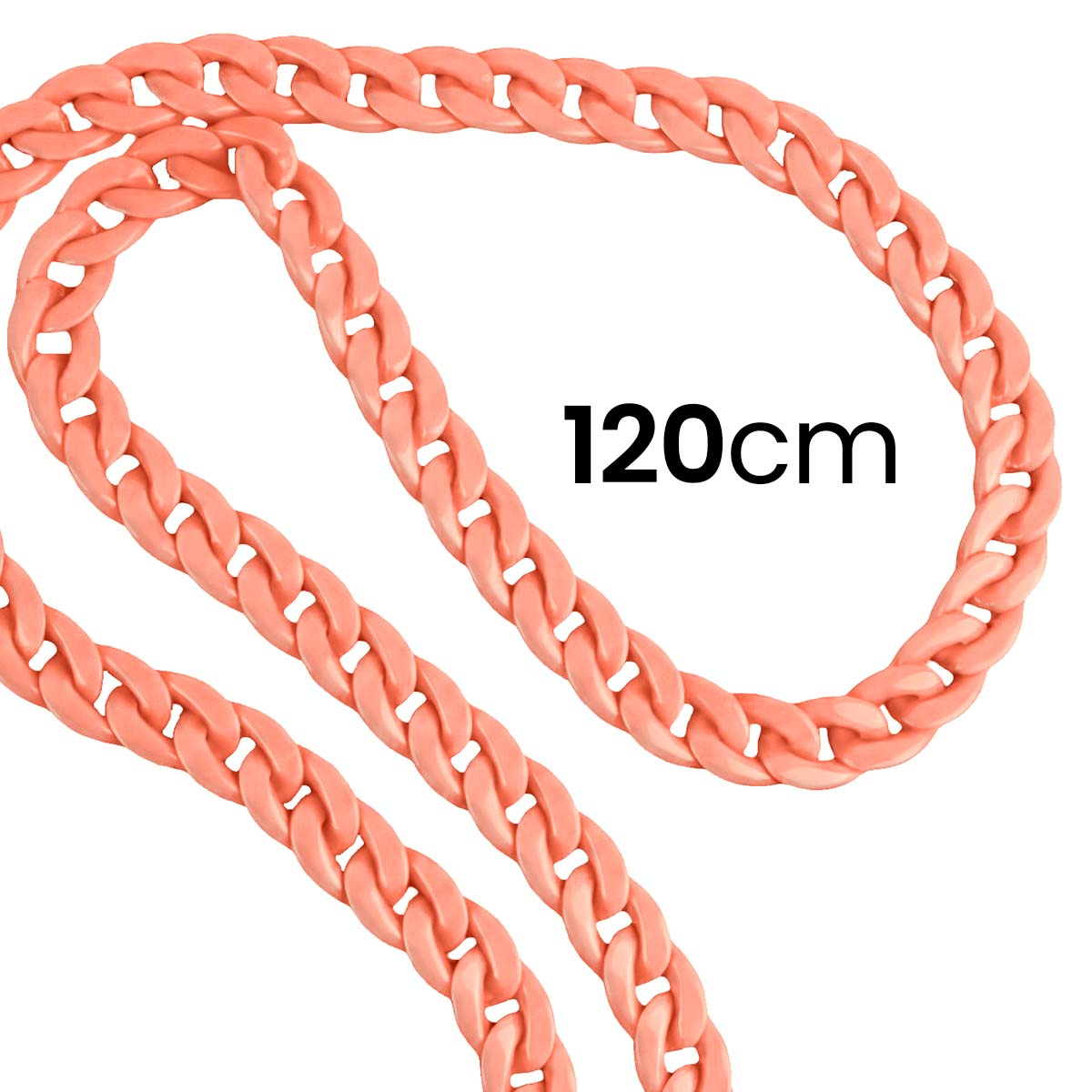 Una catena color corallo. Il testo "120cm" è a destra. Sfondo bianco.