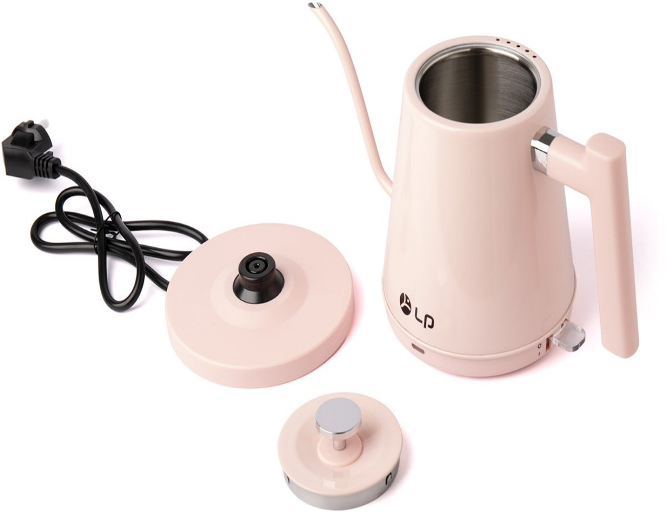 Ein rosa elektrischer Wasserkocher mit langem Ausguss, Griff und Sockel. Teile sind Deckel, Sockel mit Netzkabel und kleiner Deckel.