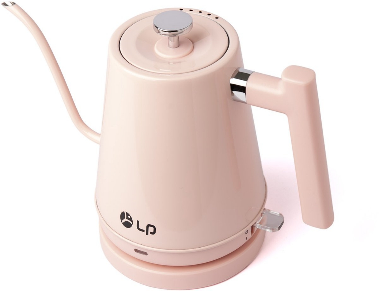 Ein rosa elektrischer Wasserkocher mit Schwanenhalsausguss, Griff und Sockel. Er hat einen silbernen Deckelgriff und einen transparenten Schalter.
