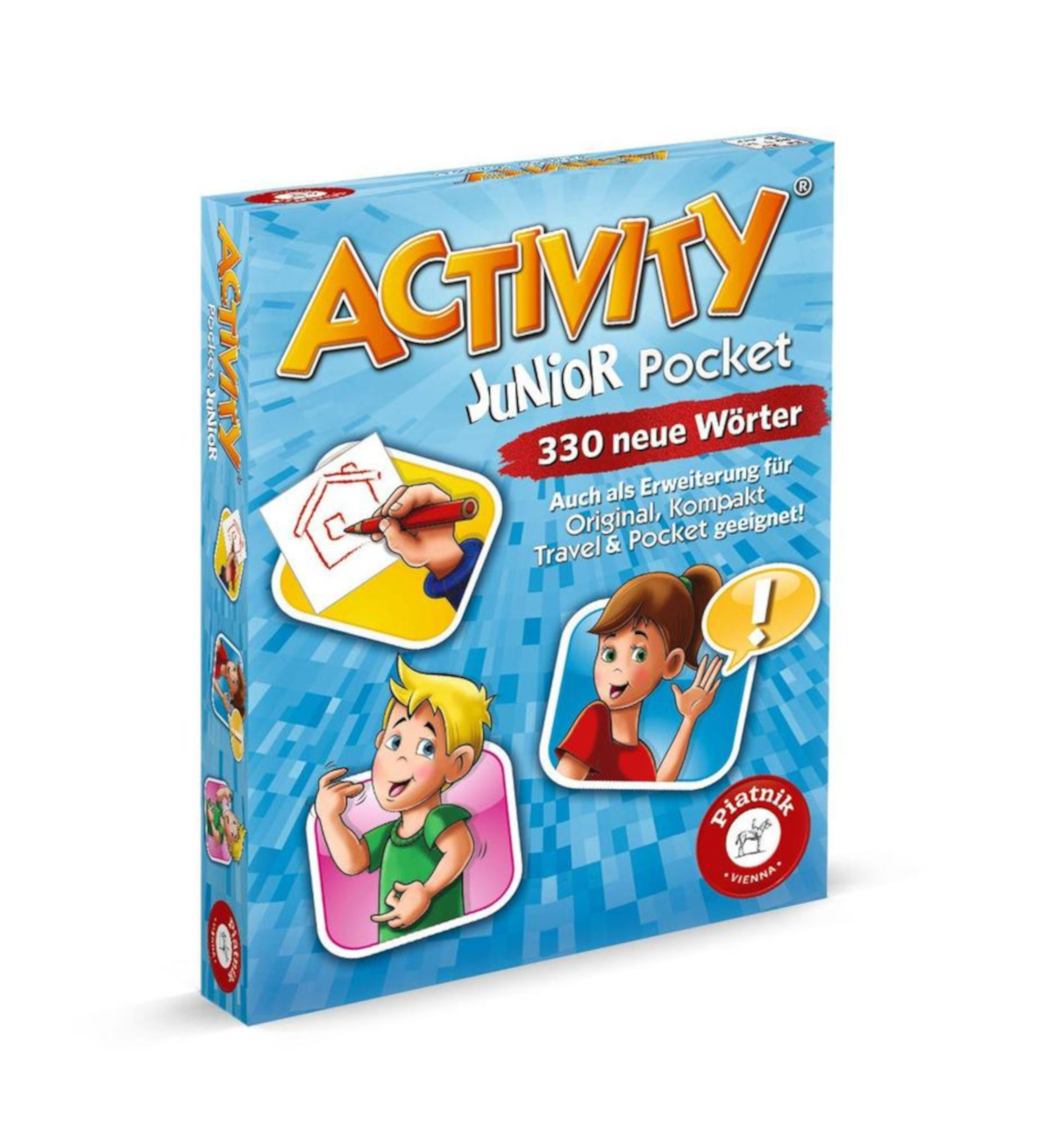Schachtel des Activity Junior Pocket-Spiels mit Kinderzeichnungen. Text auf Deutsch. Blauer Hintergrund mit weißen Linien.