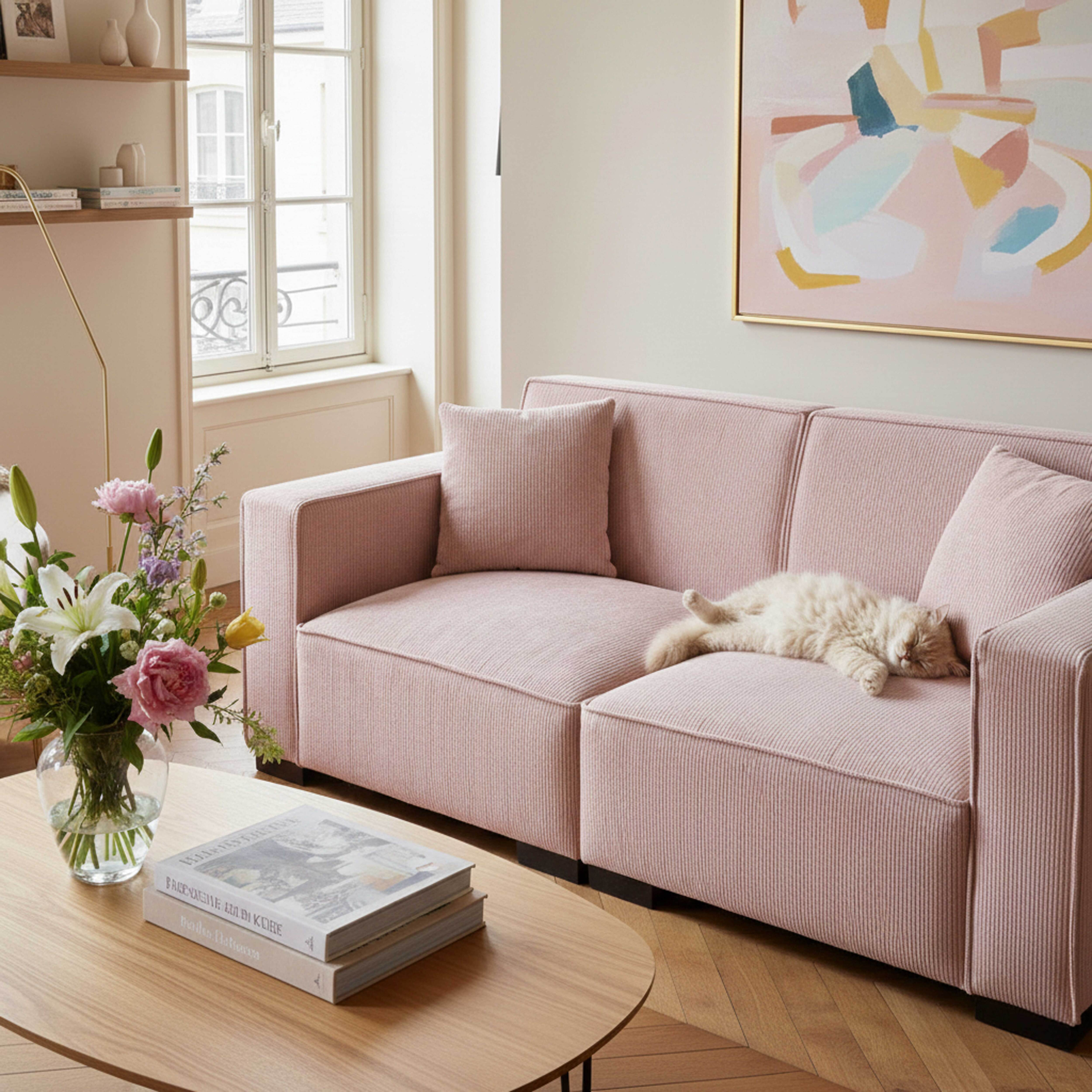 Ein rosa Sofa mit einer schlafenden Katze. Eine Vase mit Blumen auf einem Holztisch. Gemälde an der Wand.