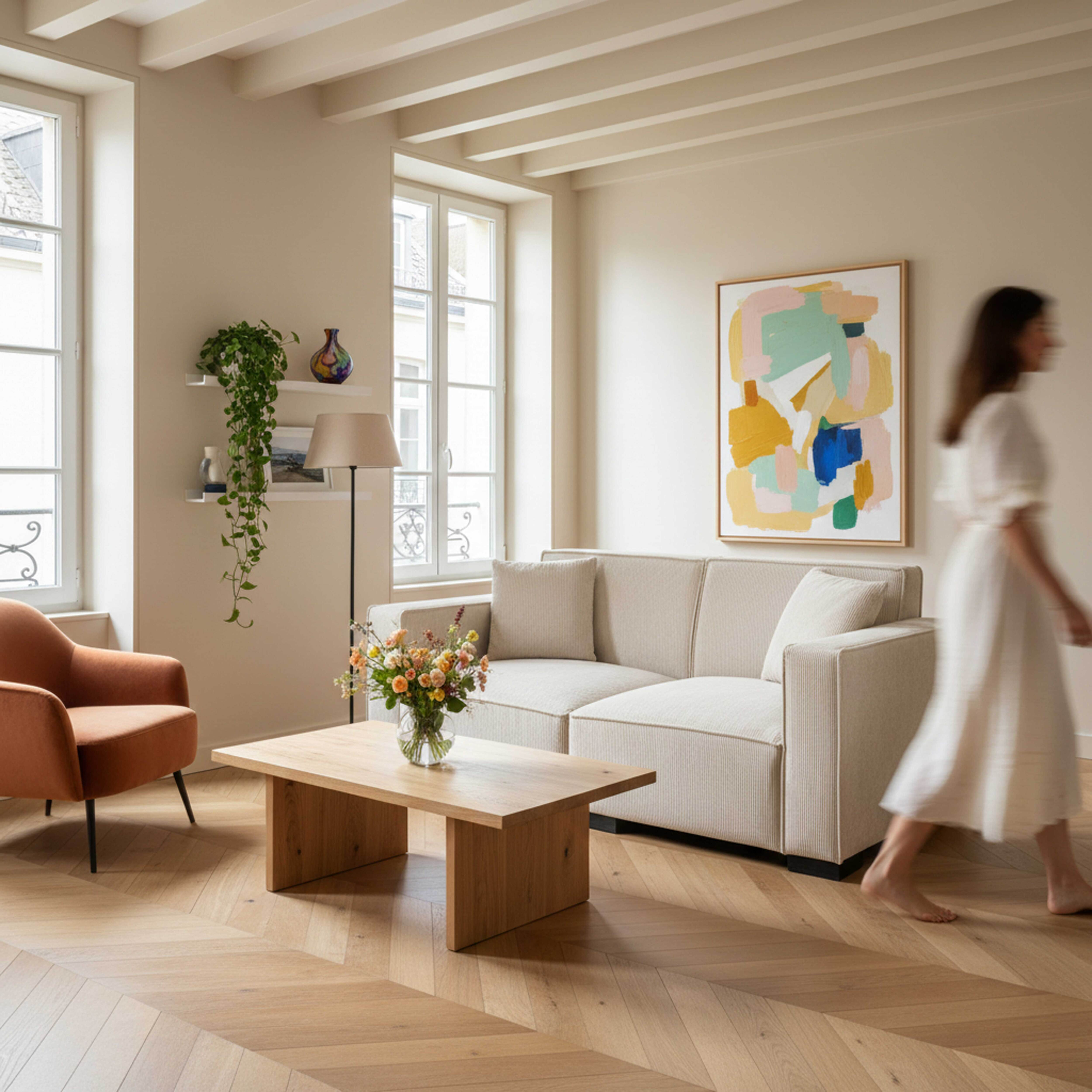 Modernes Wohnzimmer mit Frau, Sofa, Kunstwerk und Couchtisch. Holzboden.