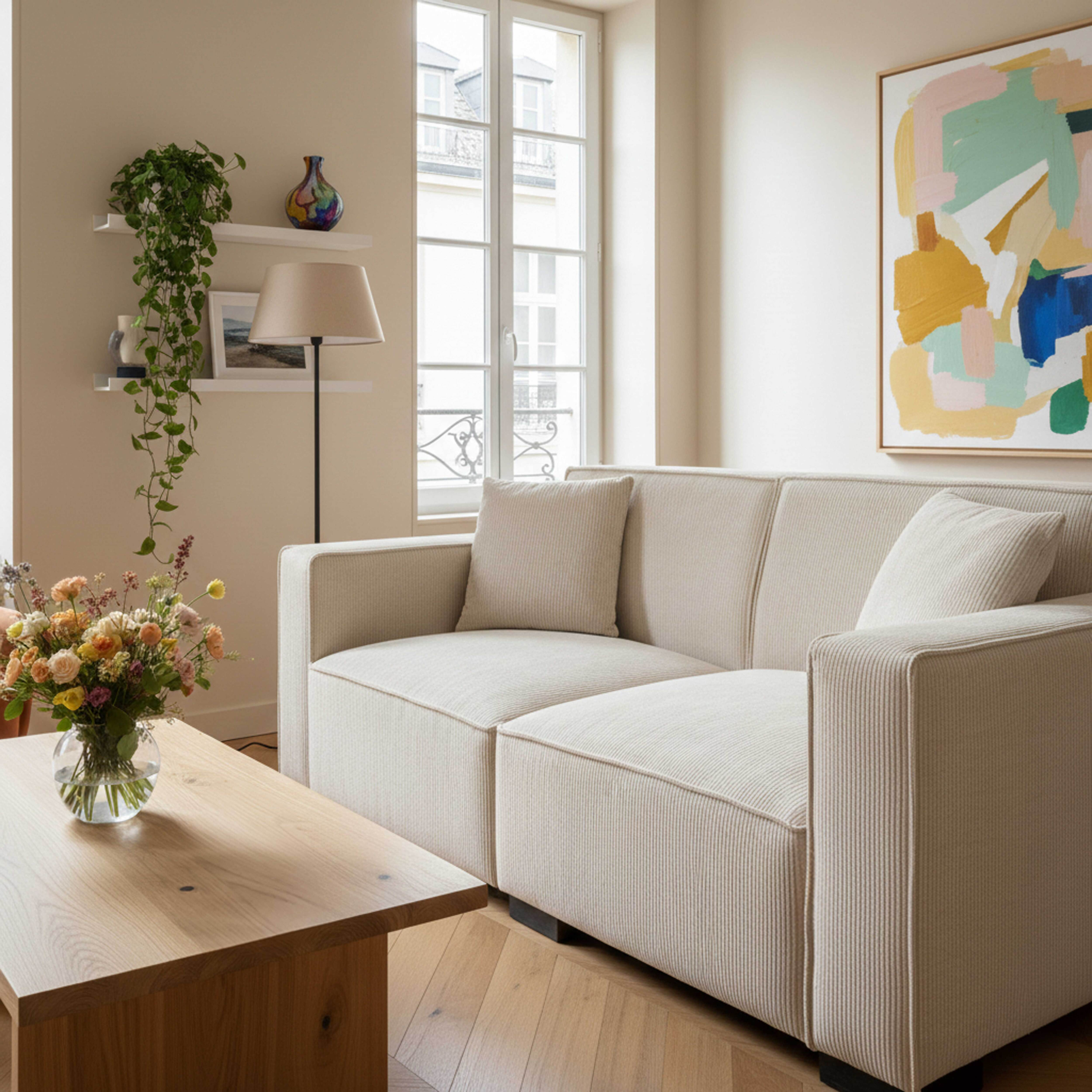 Wohnzimmer mit Sofa, Couchtisch, Blumen und Kunst. Fenster im Hintergrund. Neutrales Farbschema, hell und luftig.