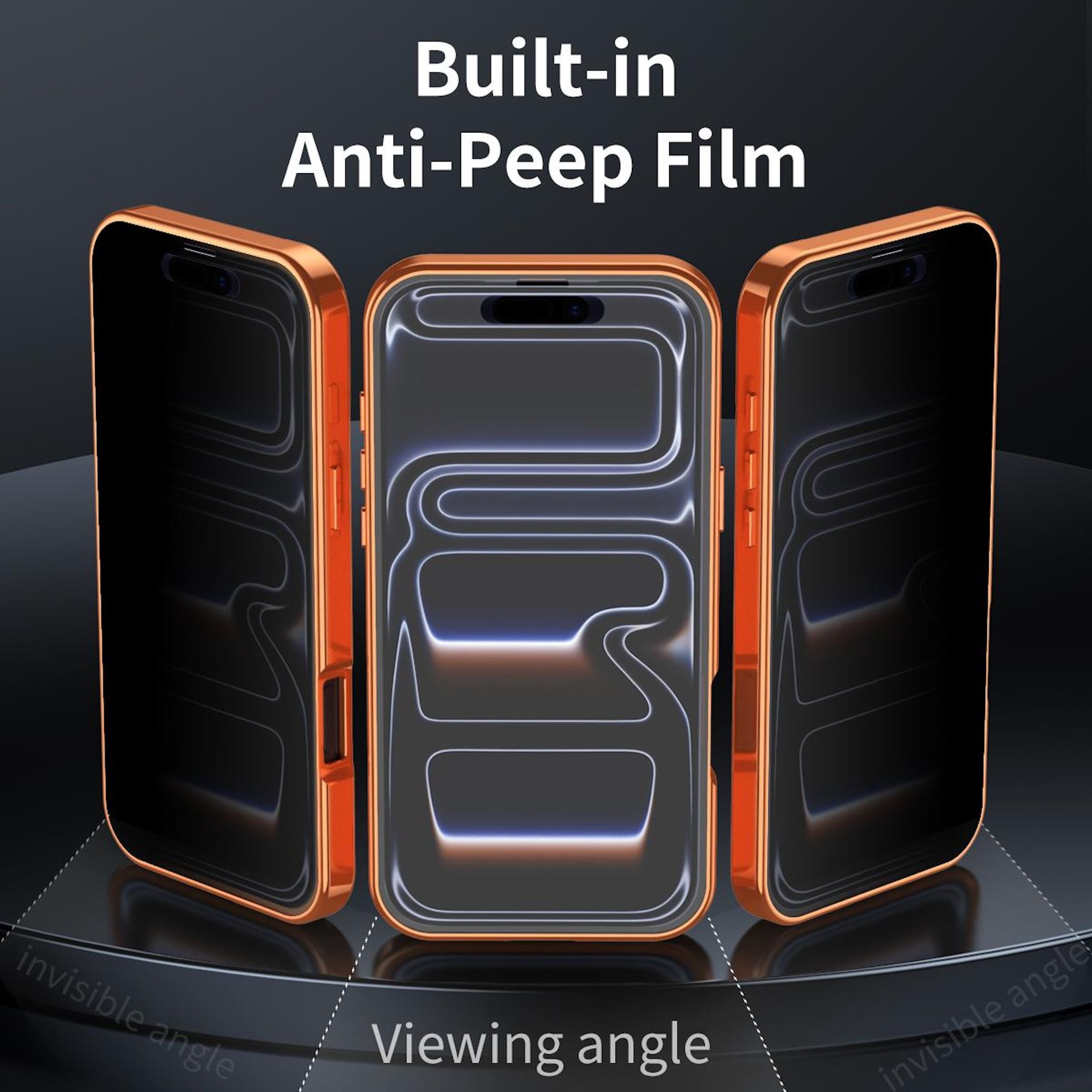 Drei orangefarbene Telefone mit schwarzen Bildschirmen. Text: Eingebauter Anti-Peep-Film. Blickwinkel und unsichtbarer Winkel.