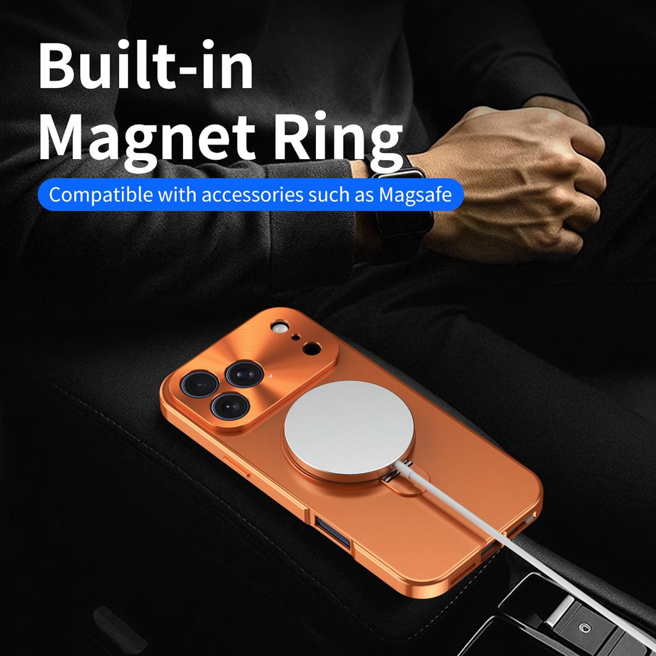 Eine orangefarbene Handyhülle mit weißem magnetischem Ladegerät, Text: 'Built-in Magnet Ring'.