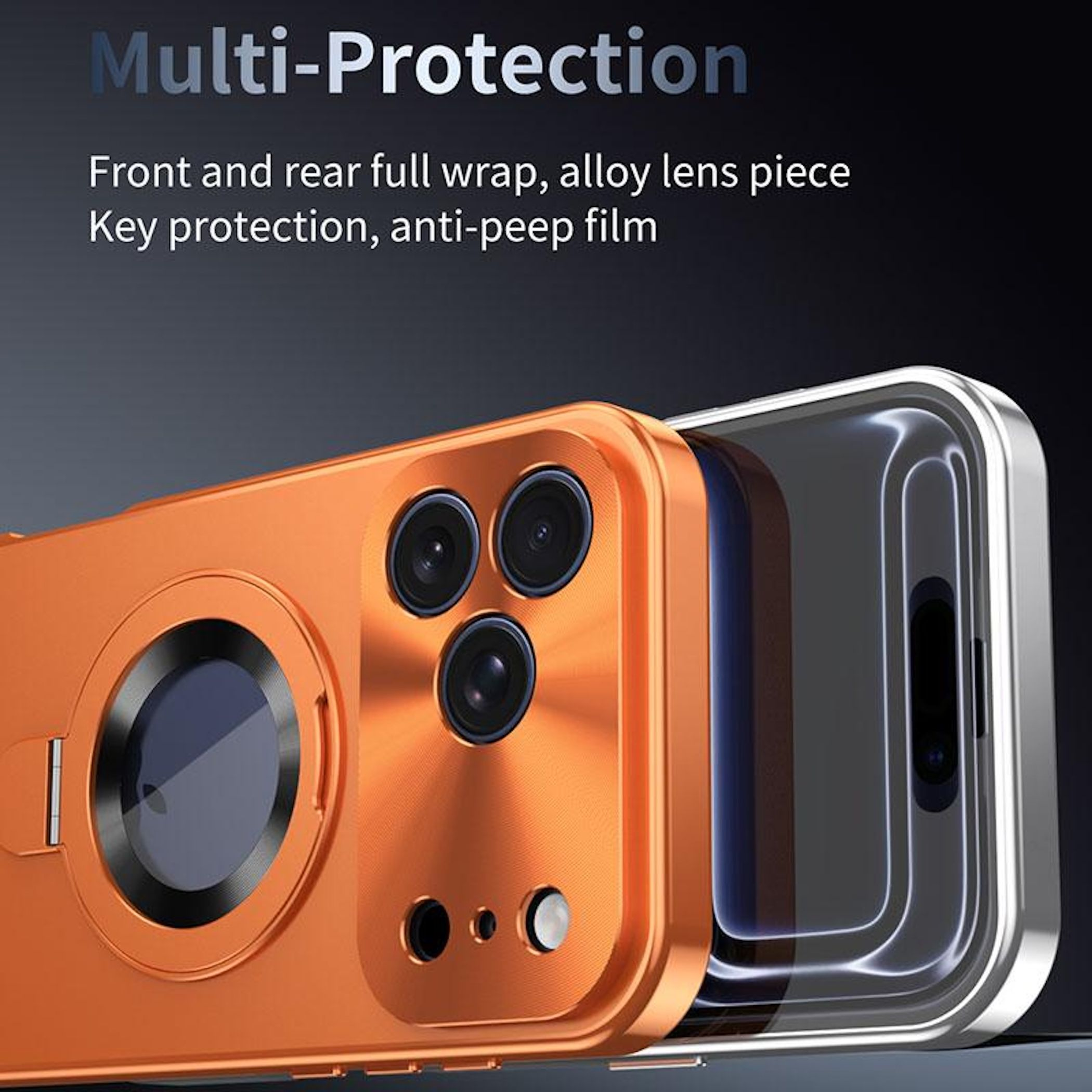 Orangefarbene Handyhülle mit schwarzen Kamerakreisen. Silberne Schutzschicht. Text: Multi-Protection, Schutz, Anti-Spionage-Folie.