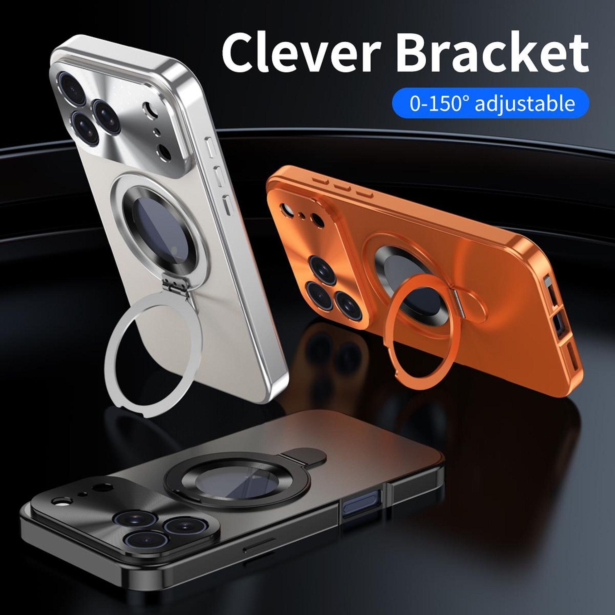 Drei Handyhüllen: silber, orange und schwarz, jede mit einem Ringhalter. Der Hintergrund ist eine dunkle Oberfläche.