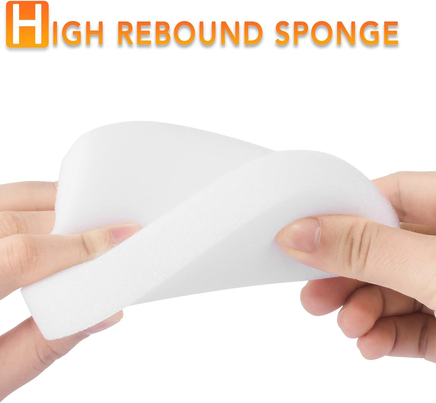 Hände halten einen weißen Schwamm und biegen ihn. Der Text "High Rebound Sponge" befindet sich oben im Bild.