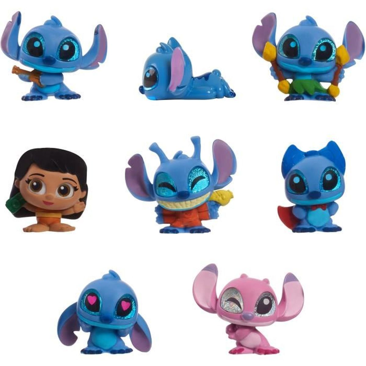 Colección de figuras de Stitch en varias poses. Algunos son azules, otros rosas, y uno es Lilo. Están sobre un fondo blanco.