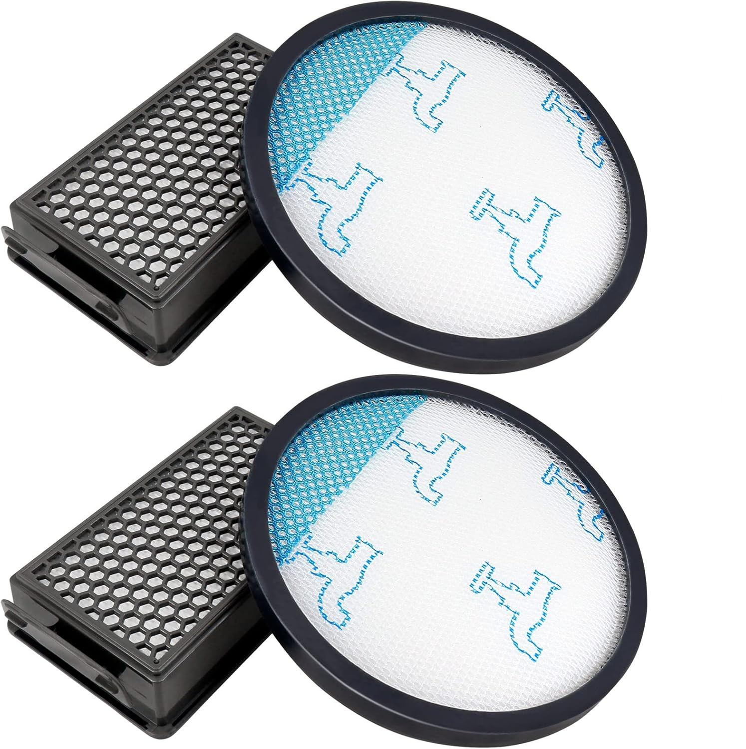 Zwei Staubsaugerfilter. Jedes Set hat einen schwarzen Rahmenfilter und einen runden Filter mit blauen Mustern auf weißem Hintergrund.