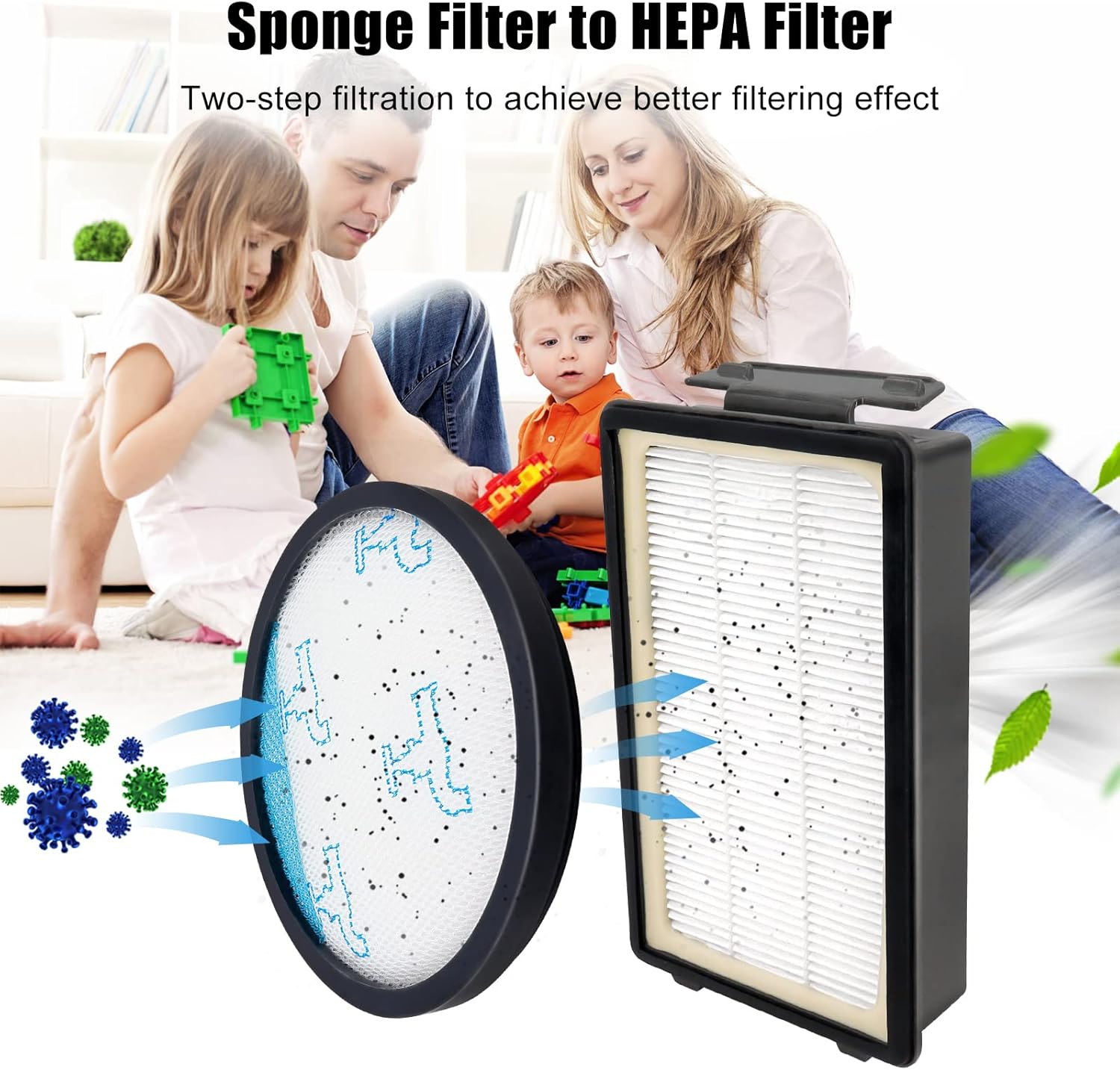 Das Bild zeigt eine Familie mit einem Filter, die die Filtration demonstriert. Ein Schwammfilter und ein HEPA-Filter sind sichtbar. Das Bild ist eine Werbung.