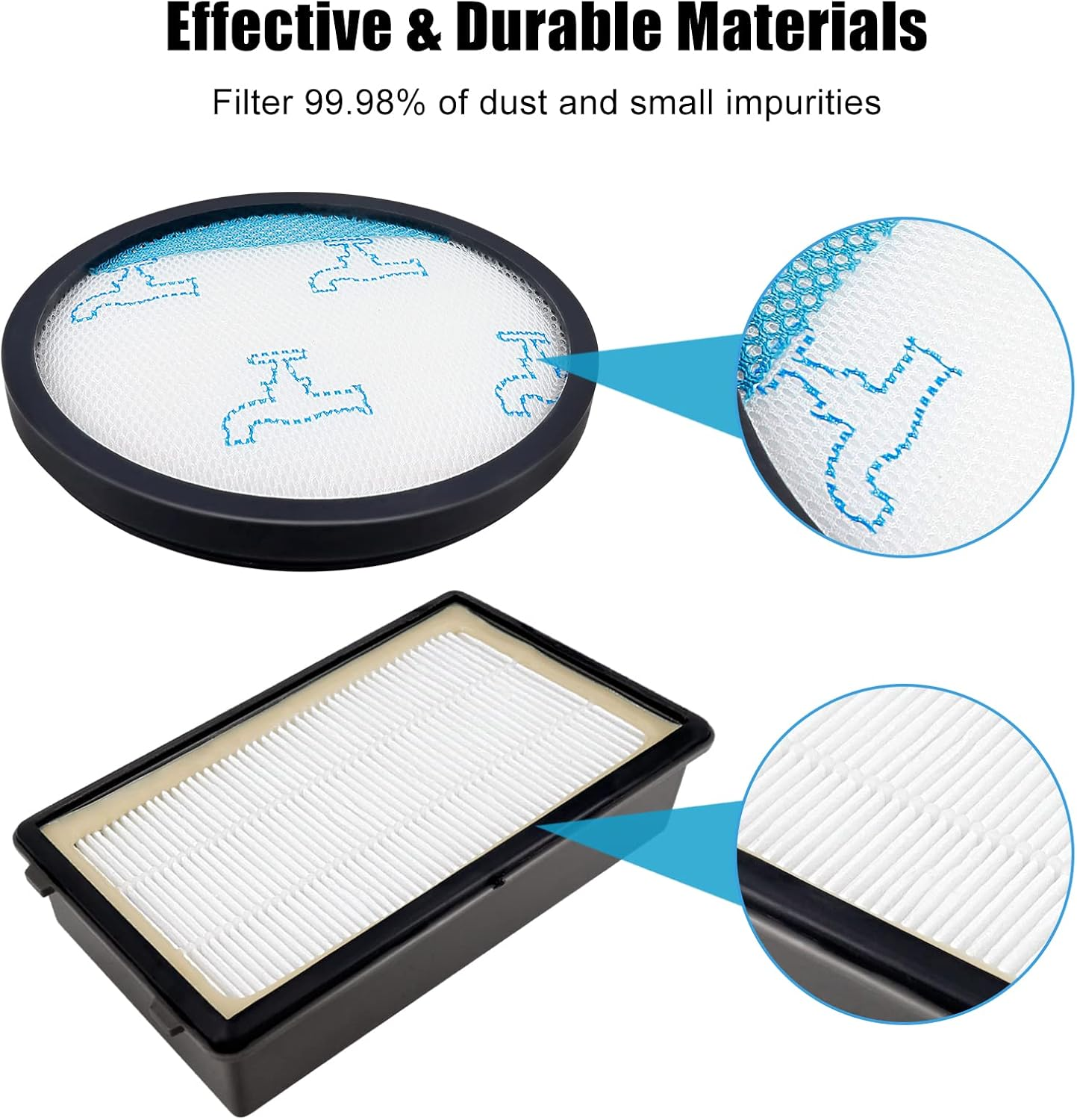 Das Bild zeigt Vakuumfilter. Einer ist rund, mit blauem Design. Der andere ist rechteckig mit weißem Filtermaterial in einem schwarzen Rahmen.