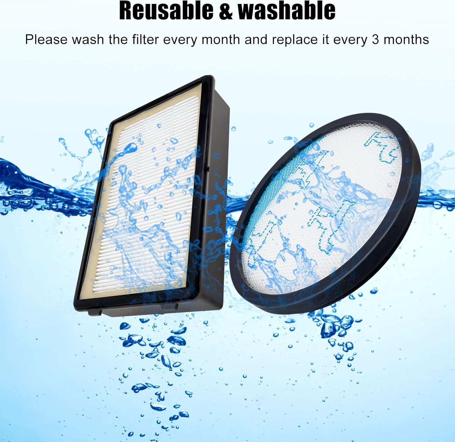 Zwei Luftfilter mit Wasserspritzern. Einer ist rechteckig, der andere rund. Text: 'Wiederverwendbar & waschbar'.