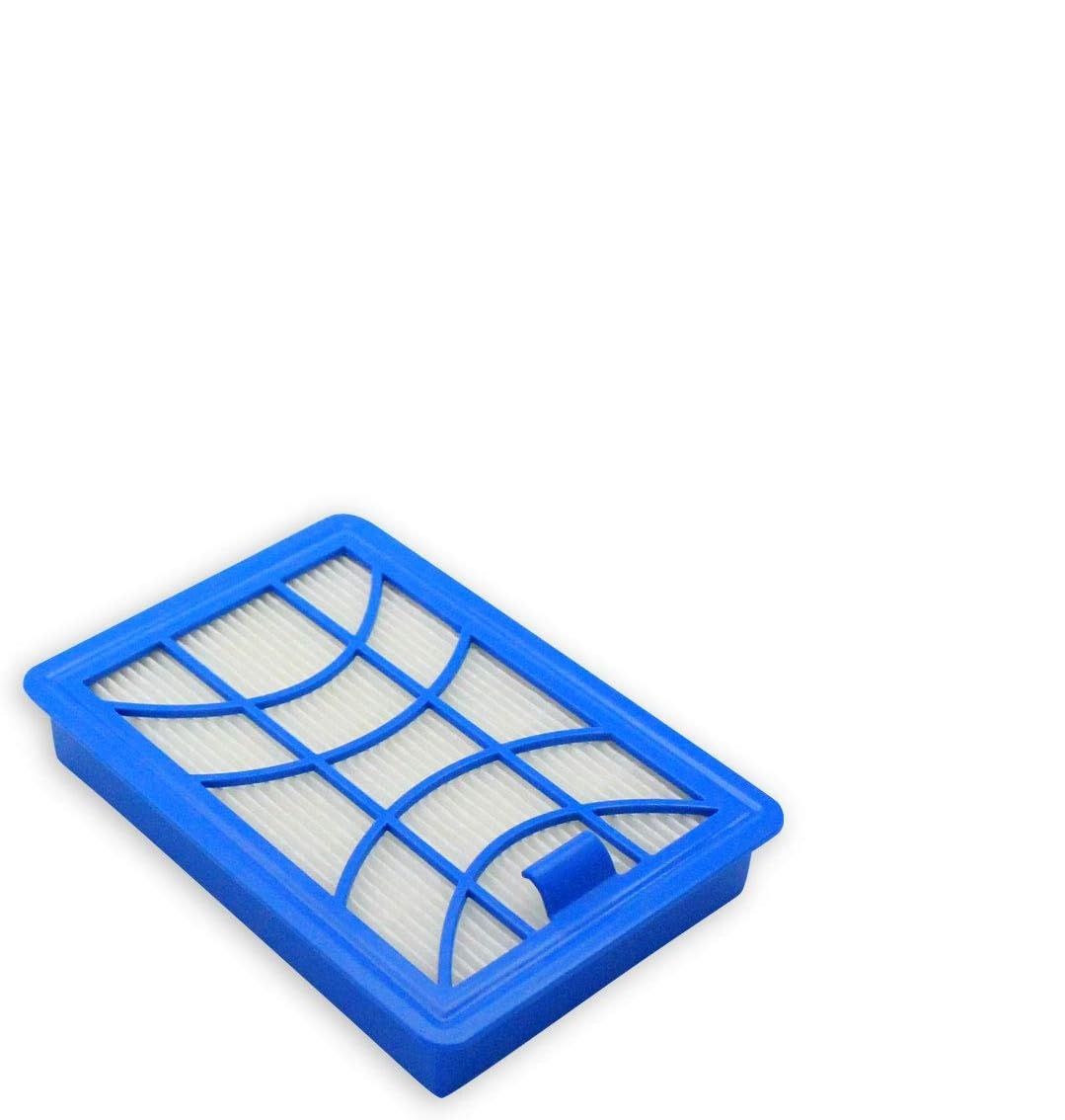 Ein blauer Staubsaugerfilter mit einem weißen Filter im Inneren und einem Griff an der Seite, auf weißem Hintergrund.