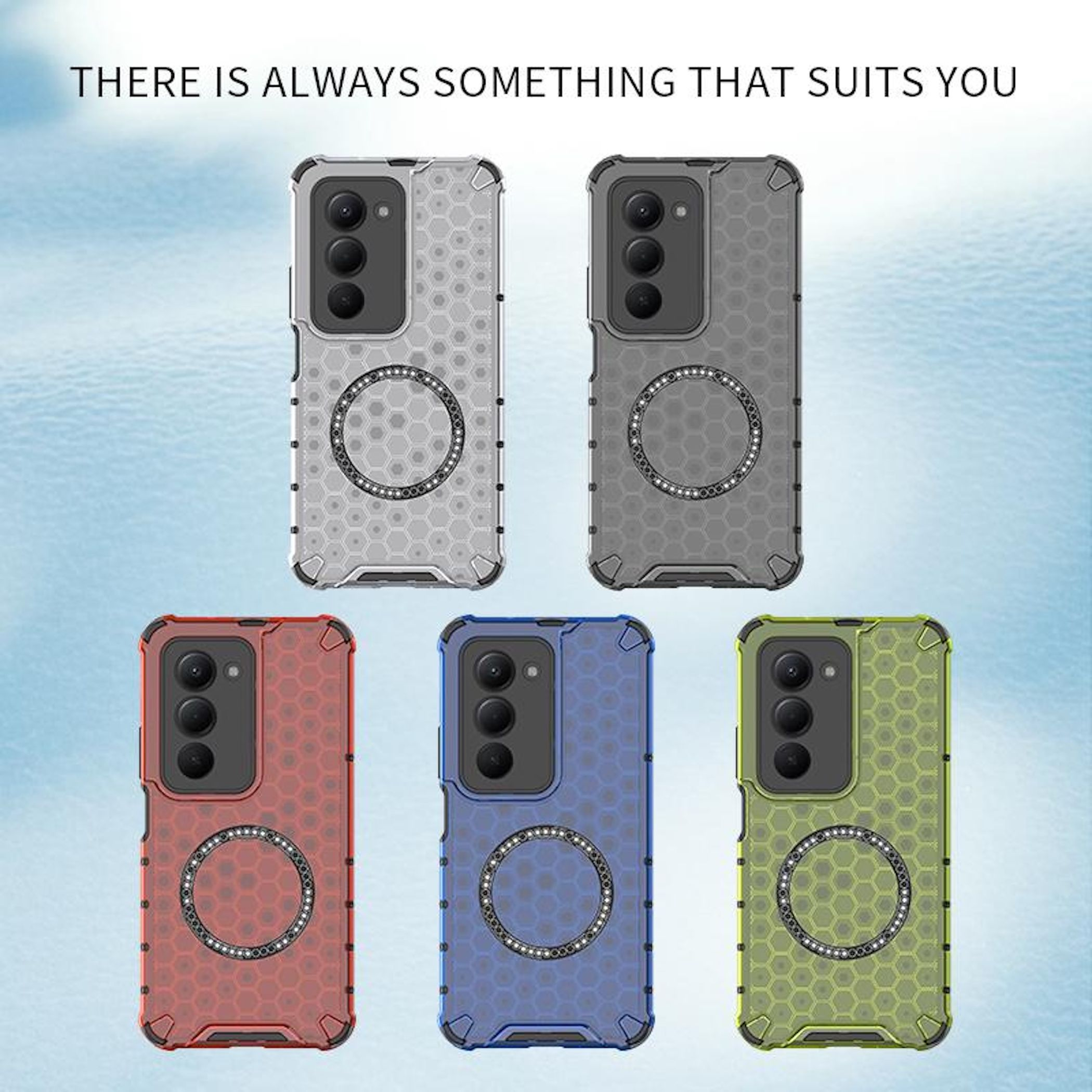 Cinco fundas para teléfono en varios colores, cada una con cámara y soporte de anillo, sobre un fondo azul y blanco.