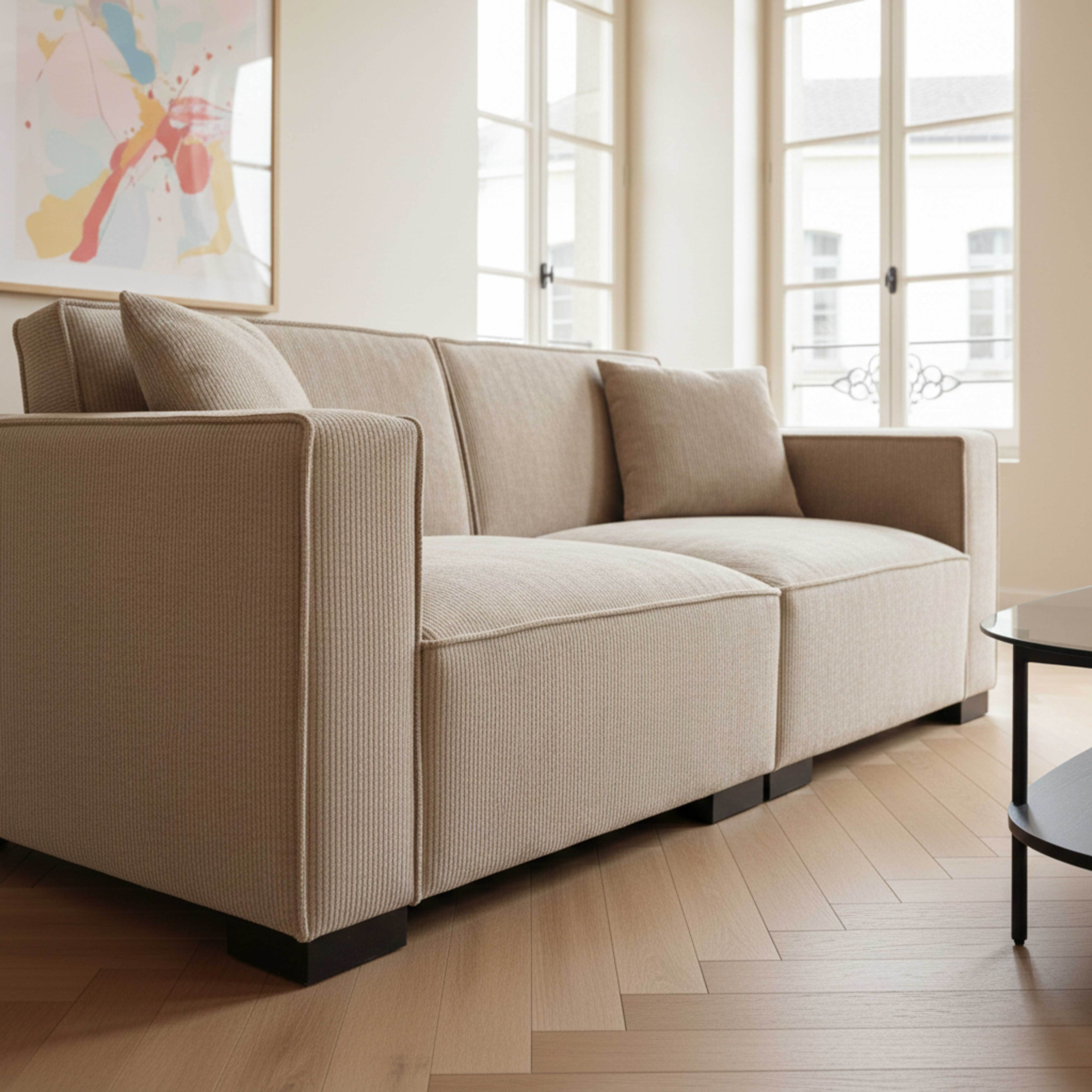 Beiges Sofa in einem Raum mit Fenstern und einem Gemälde. Der Boden ist aus Holz, und es gibt einen schwarzen Tisch.
