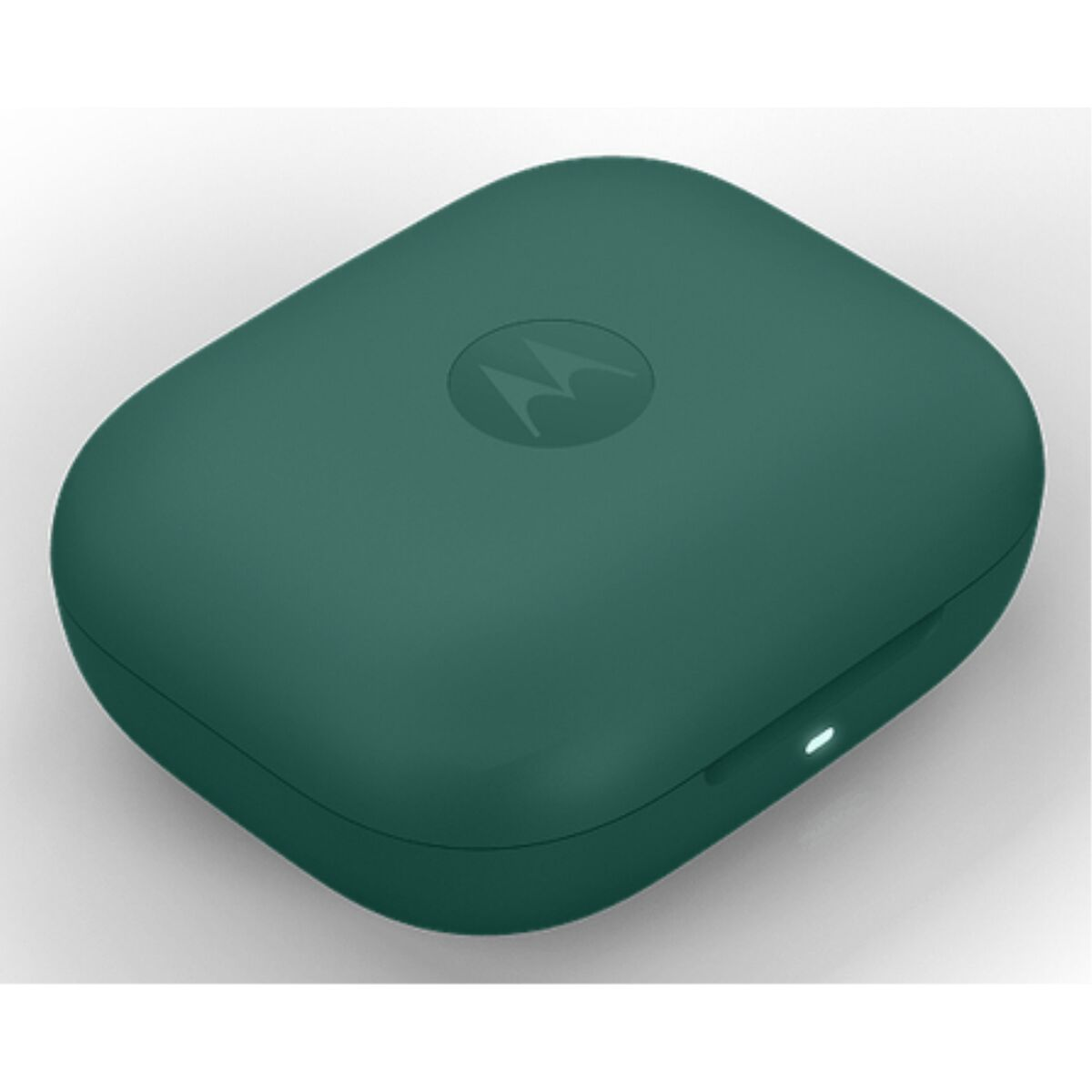 Turkusowe, prostokątne etui Motorola z logo Motorola. Małe światło jest włączone z boku. Tło jest białe.