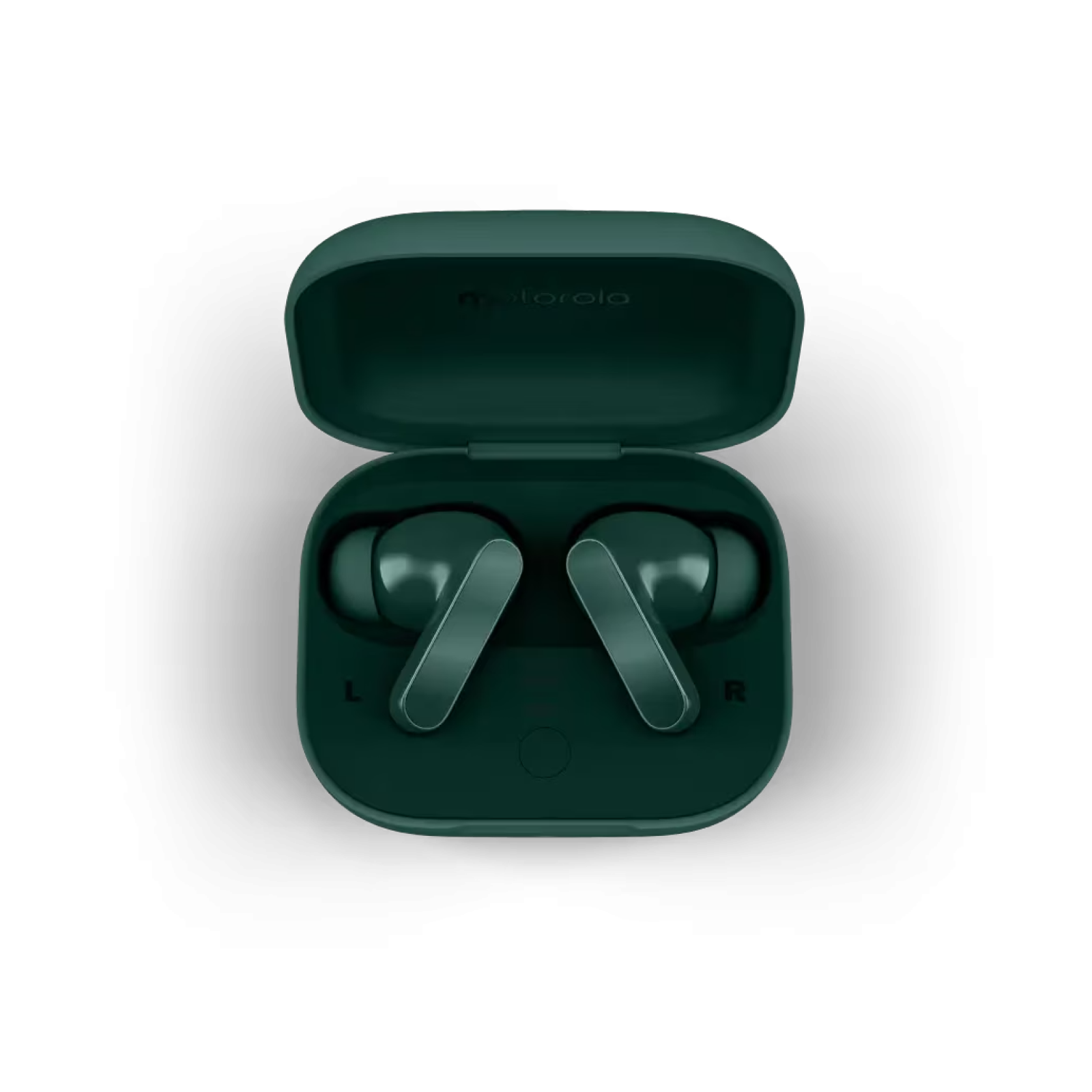 Zielone słuchawki Motorola w otwartym etui ładującym. Na etui znajduje się logo Motorola.