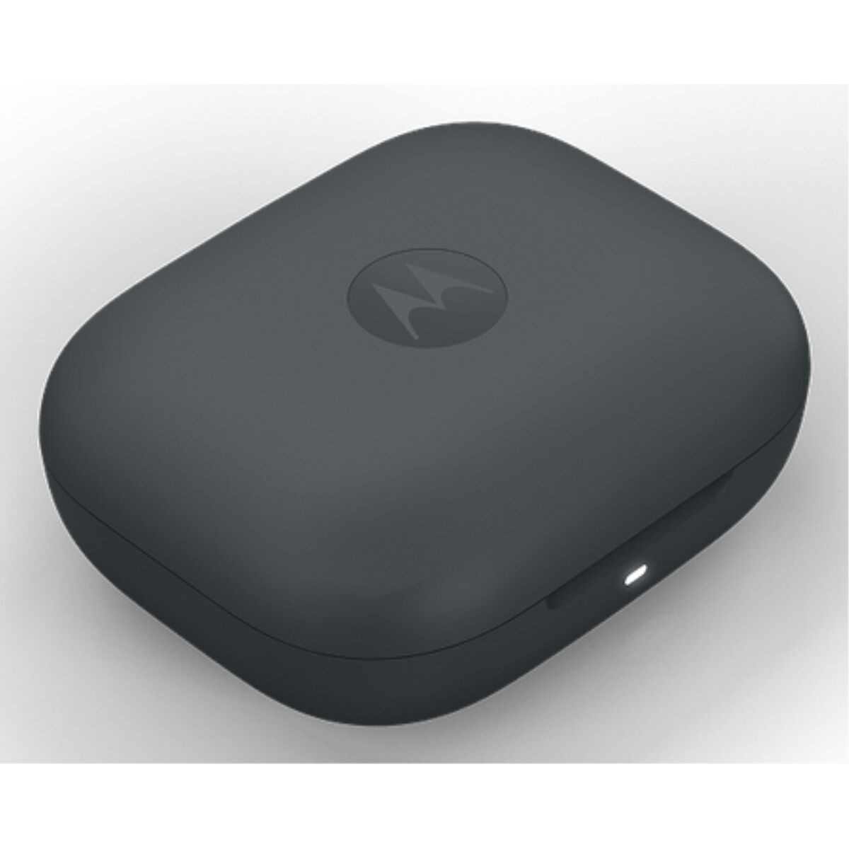 Ciemnoszara obudowa słuchawek Motorola. Ma zaokrąglony prostokątny kształt z logo Motorola na górze. Widoczne jest małe światło.