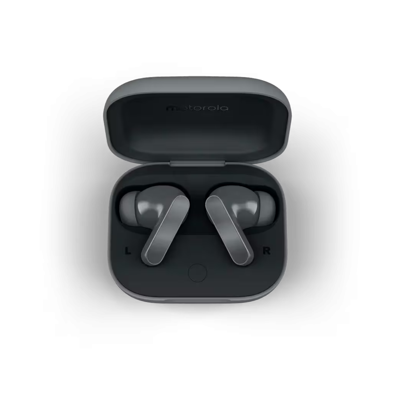 Otwarta obudowa słuchawek Motorola ze słuchawkami w środku. Szare etui i słuchawki na czarnym tle. Widoczne logo Motorola.