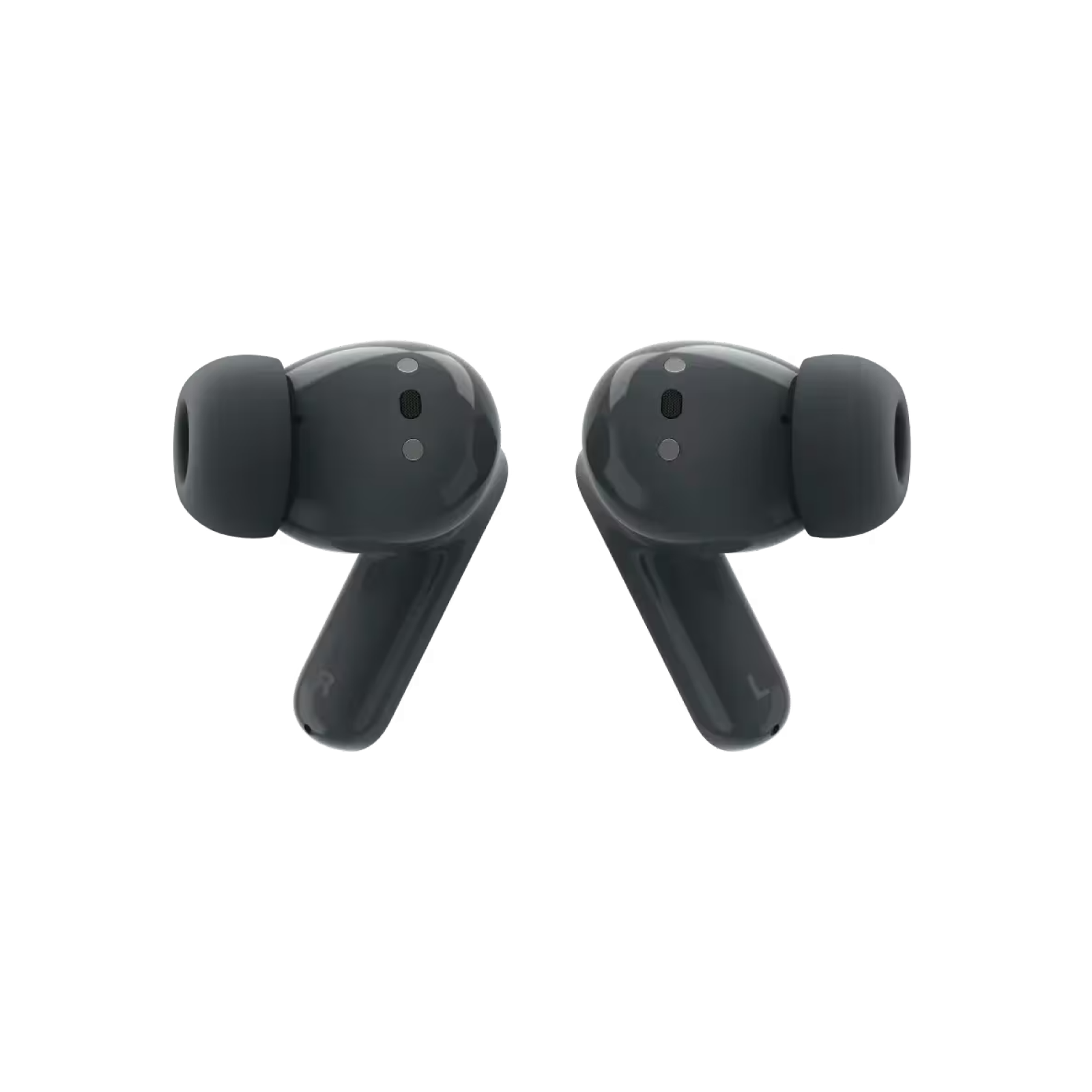 Para ciemnoszarych bezprzewodowych słuchawek, ustawionych pod kątem. Każda ma zaokrąglony pączek i trzonek. Prawy pączek ma 'R', a lewy 'L'.