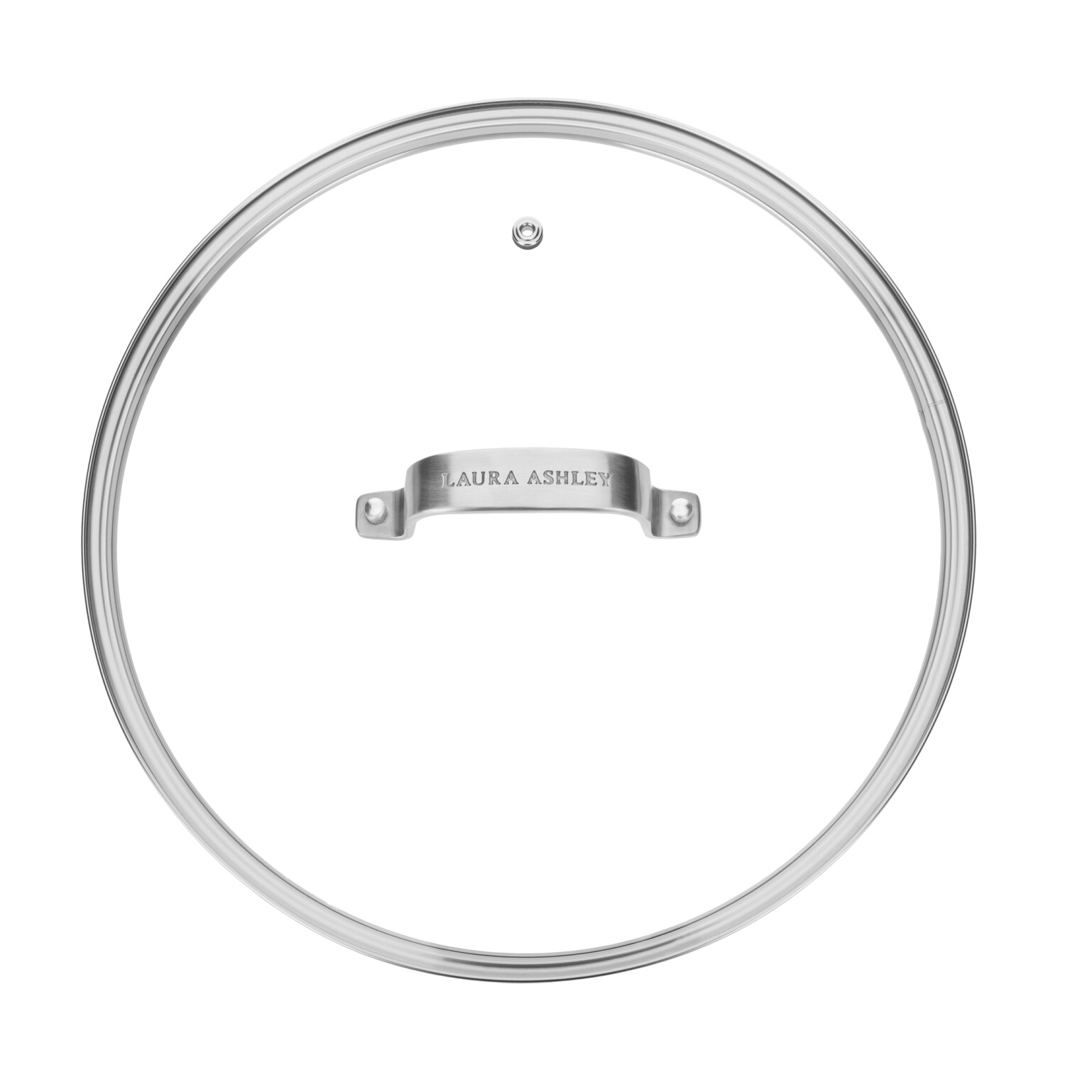 Ein klarer Glasdeckel von Laura Ashley mit Metallgriff. Der Deckel hat einen silbernen Rand und einen kleinen Knauf. Der Griff trägt die Aufschrift 'LAURA ASHLEY'.