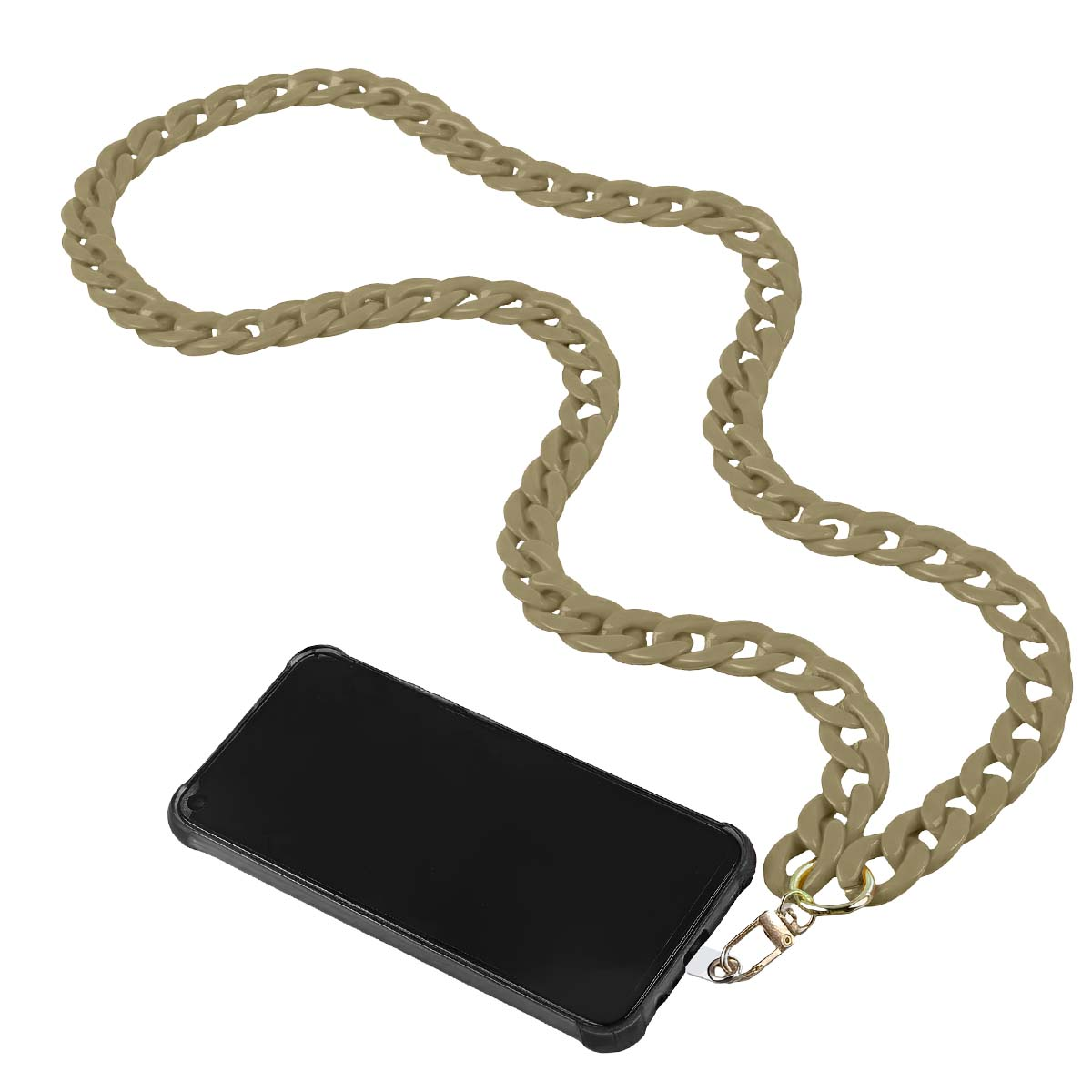 Un cinturino per telefono a catena beige con un telefono nero attaccato. Lo sfondo è bianco.