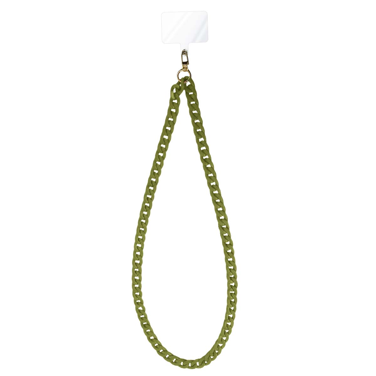 Un porta telefono con catena verde, chiusura dorata ed etichetta di plastica trasparente, su sfondo bianco.