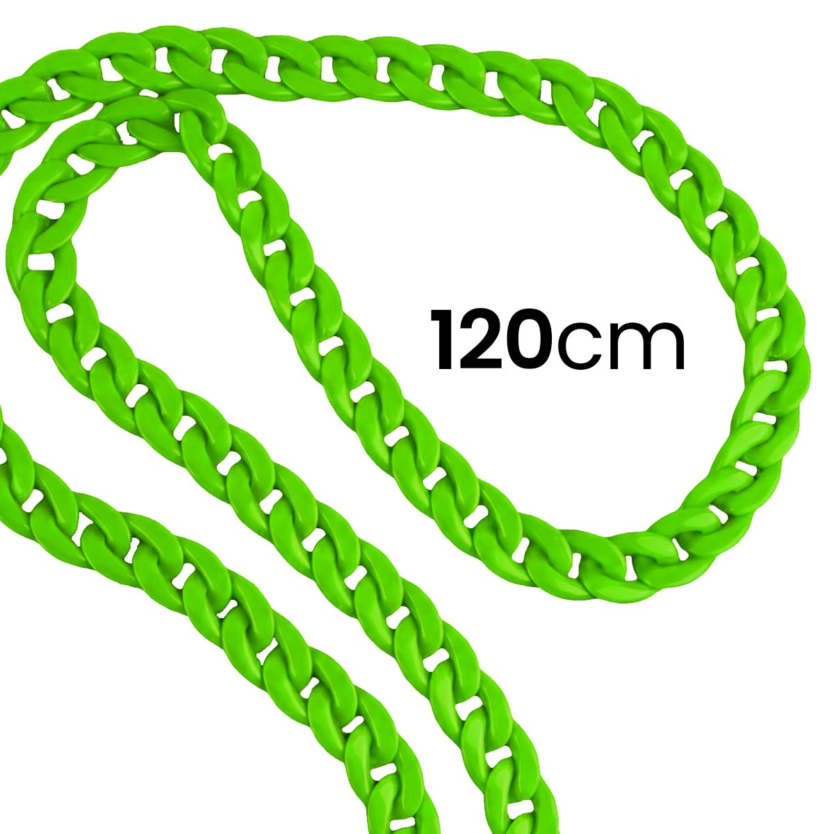 Helle grüne Kette auf weißem Hintergrund. Der Text '120cm' ist vorhanden. Die Kette ist geschlungen und über den Rahmen abgewinkelt.