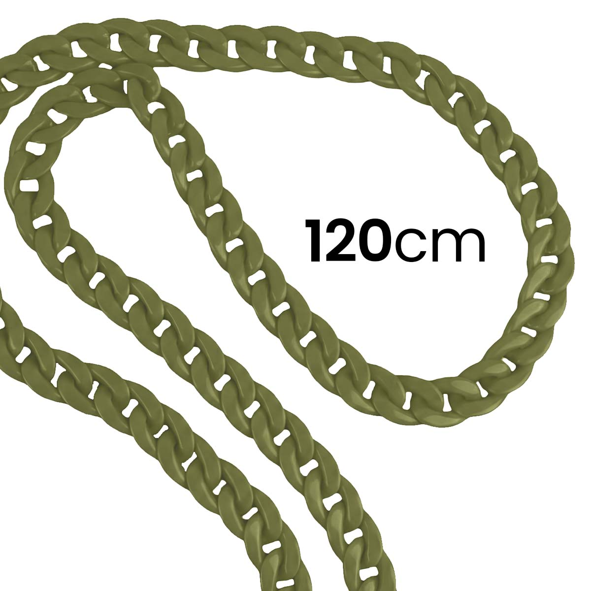 Catena verde oliva, lunga 120 cm, su sfondo bianco. La catena è collegata e forma un anello e linee rette.