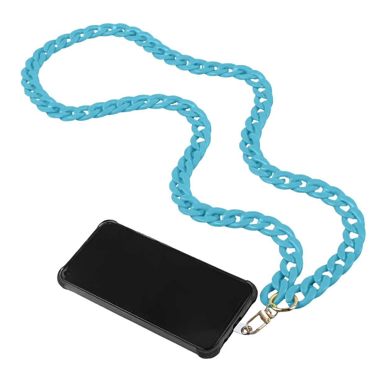 Un telefono in una custodia nera è appeso a una catena azzurra. La catena è collegata alla custodia del telefono con un fermaglio dorato.