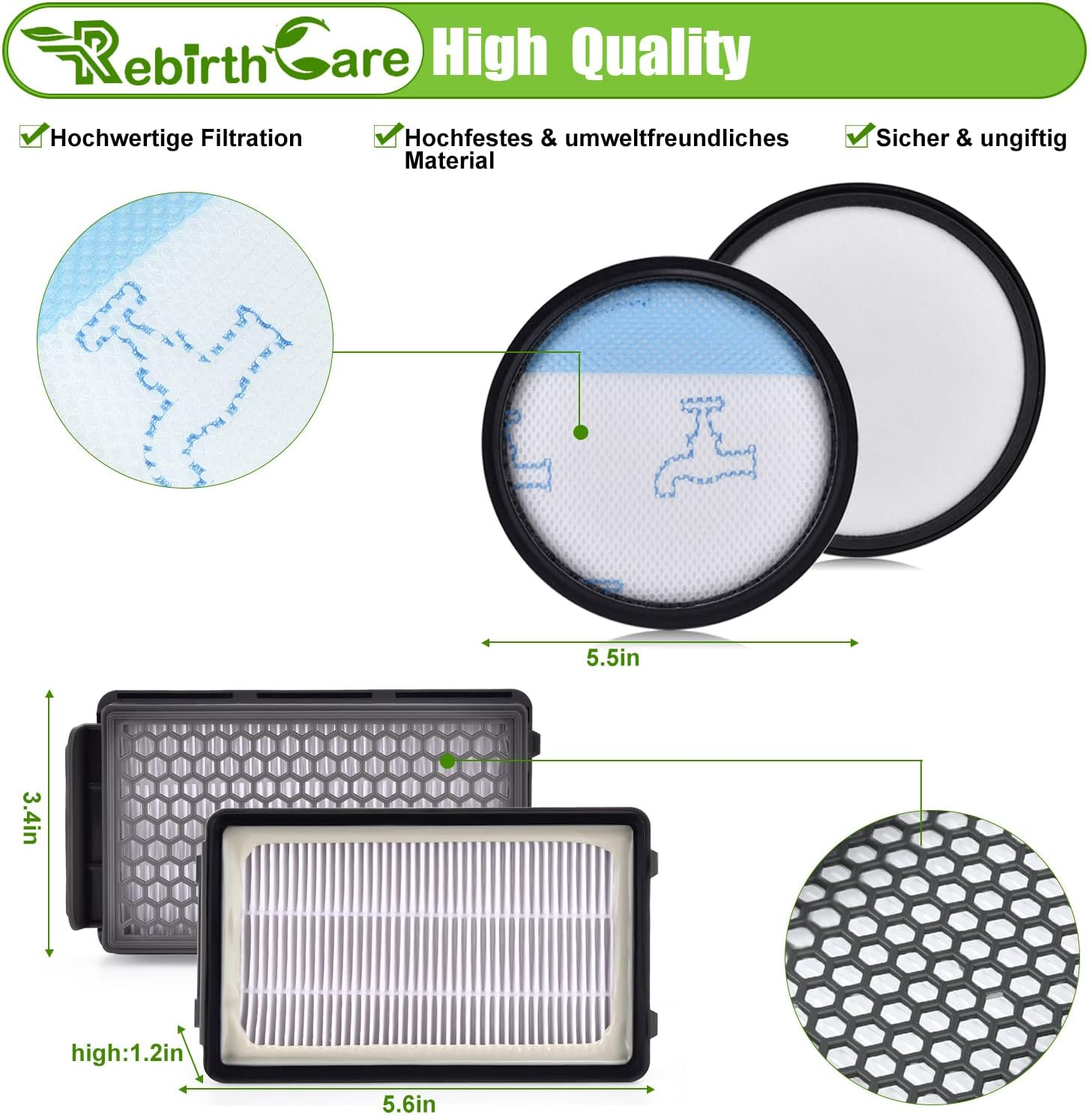 Das Bild zeigt Staubsaugerfilter und -teile mit Maßangaben. Der Text enthält 'Rebirth Care' und 'High Quality' Merkmale.
