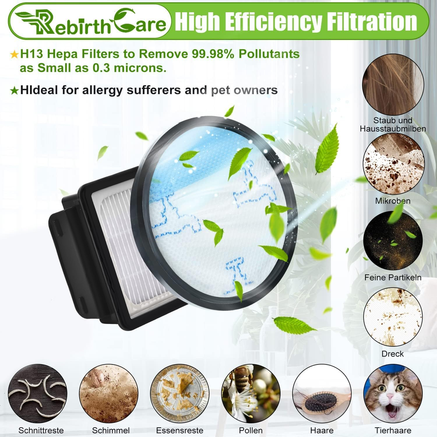 Ein Luftfilter mit Filterelement und Illustrationen von Schadstoffen wie Staub, Schimmel, Pollen und Tierhaaren. Text wirbt für hohe Filtration.