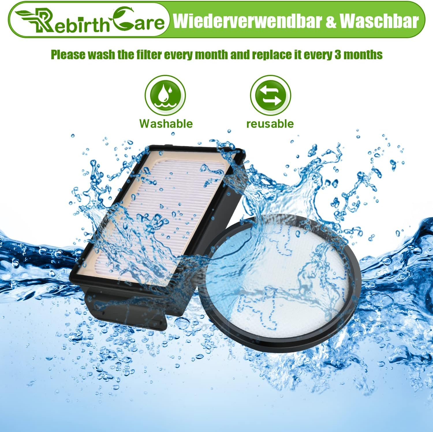 Das Bild zeigt Filter und Wassertröpfchen. Der Text sagt waschbar und wiederverwendbar. Anweisungen zum monatlichen Waschen und alle 3 Monate ersetzen.