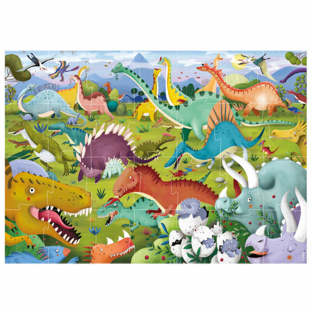 Ein farbenfrohes Puzzlespiel mit verschiedenen Cartoon-Dinosauriern in verschiedenen Größen und Farben, in einer grasbewachsenen Landschaft.