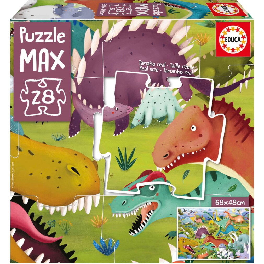 Eine Dinosaurier-Puzzlebox mit verschiedenen bunten Dinosauriern. Auf der Box steht 'Puzzle MAX Z8' und 'EDUCA'. Das Puzzle hat eine Größe von 68x48cm.