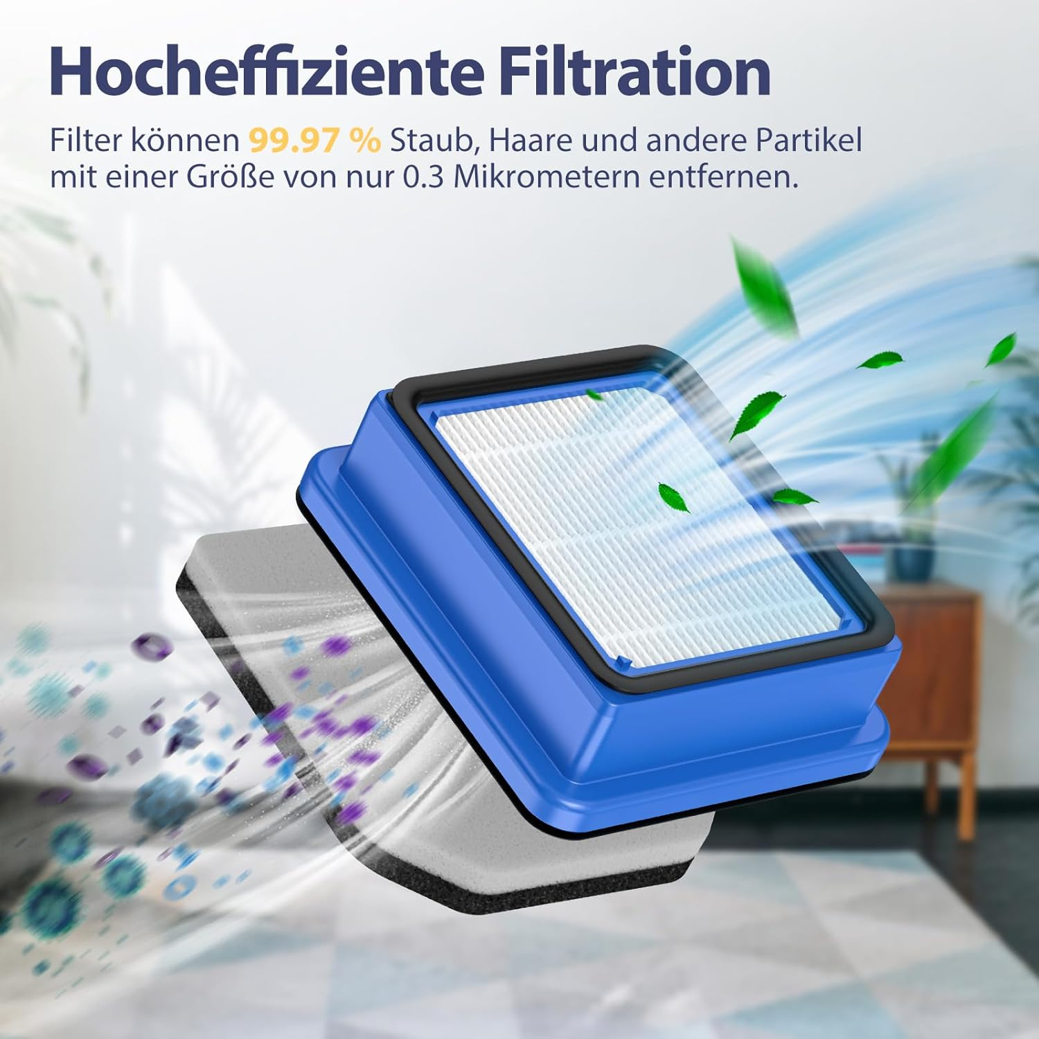 Ein blau-schwarzer Filter mit einem weißen Filter im Inneren. Er entfernt Partikel. Im Hintergrund befinden sich grüne Blätter. Der Hintergrund ist verschwommen.