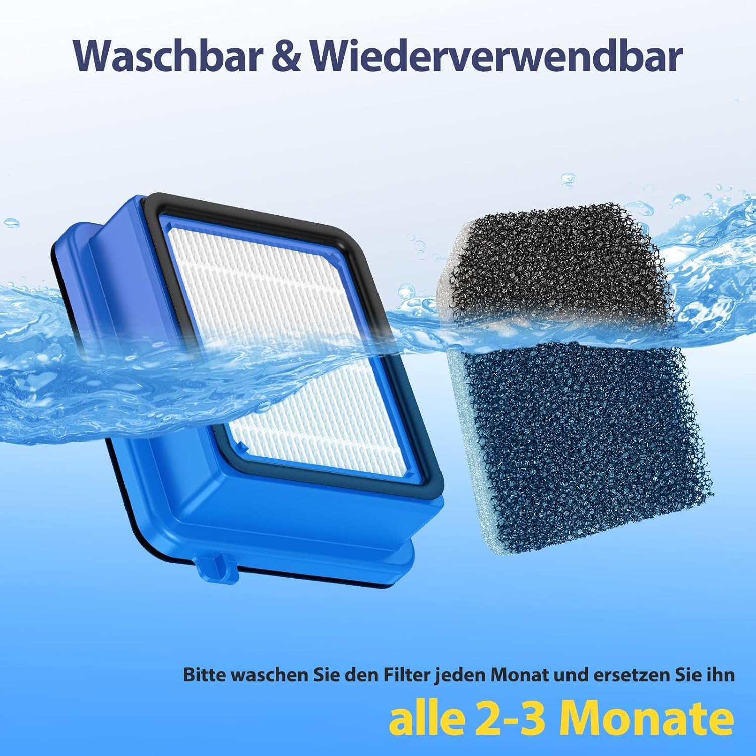 Das Bild zeigt zwei Luftfilter im Wasser. Einer ist blau, der andere dunkelgrau. Text: 'Waschbar & wiederverwendbar' und 'Monatlich waschen'.