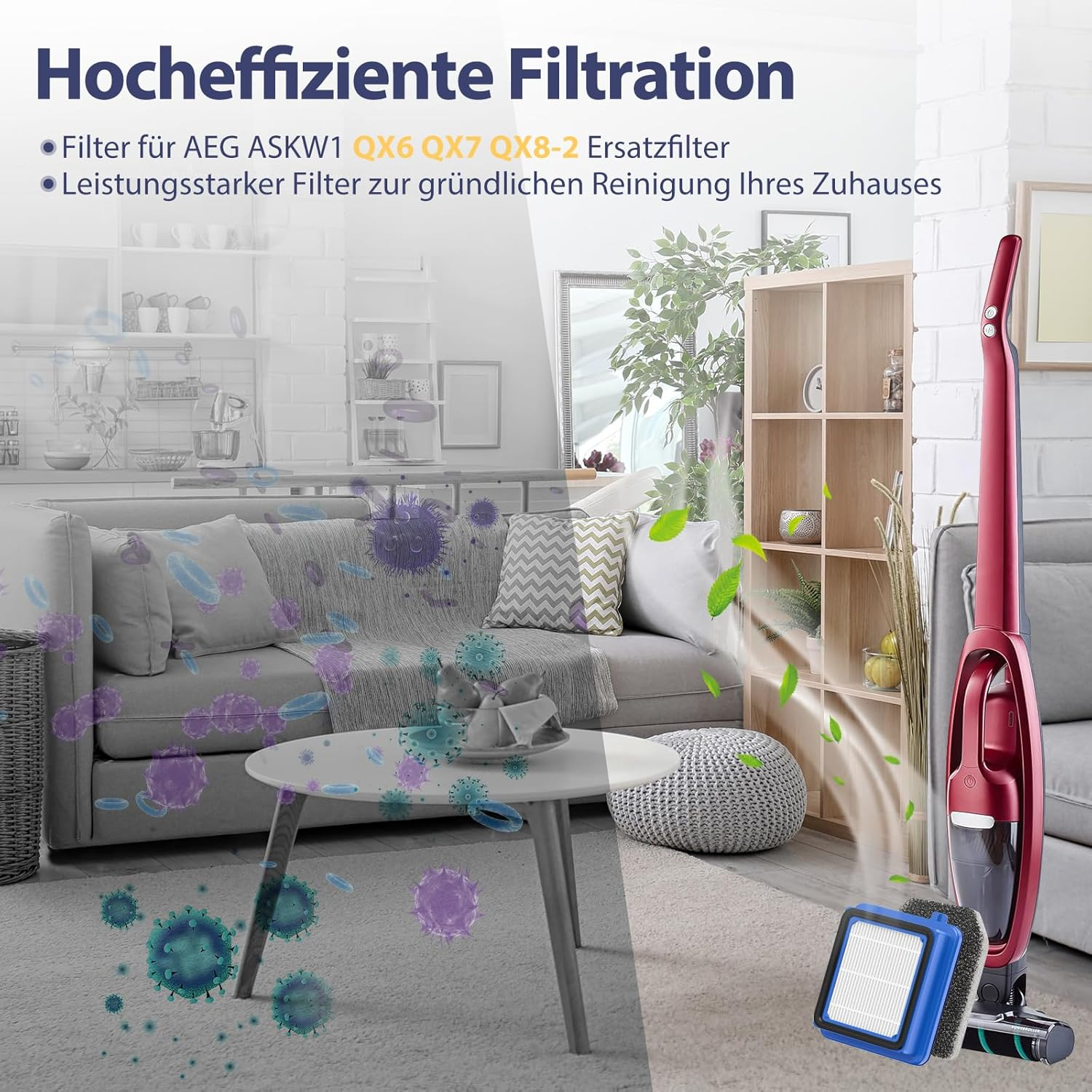 Ein roter Staubsauger, Filter und eine Wohnzimmerumgebung. Das Bild zeigt den Reinigungsprozess.