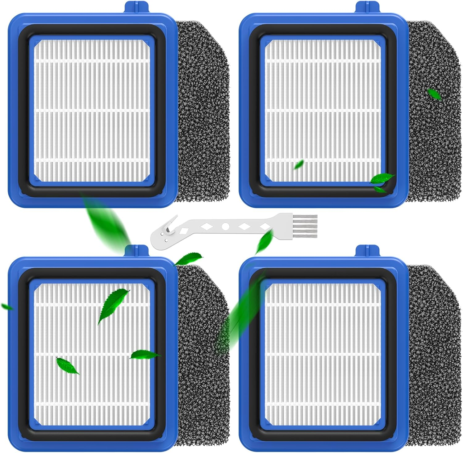 Vier blaue und schwarze Luftfilter mit weißen Innenrosten. Grüne Blätter und ein Reinigungswerkzeug schweben um die Filter herum.