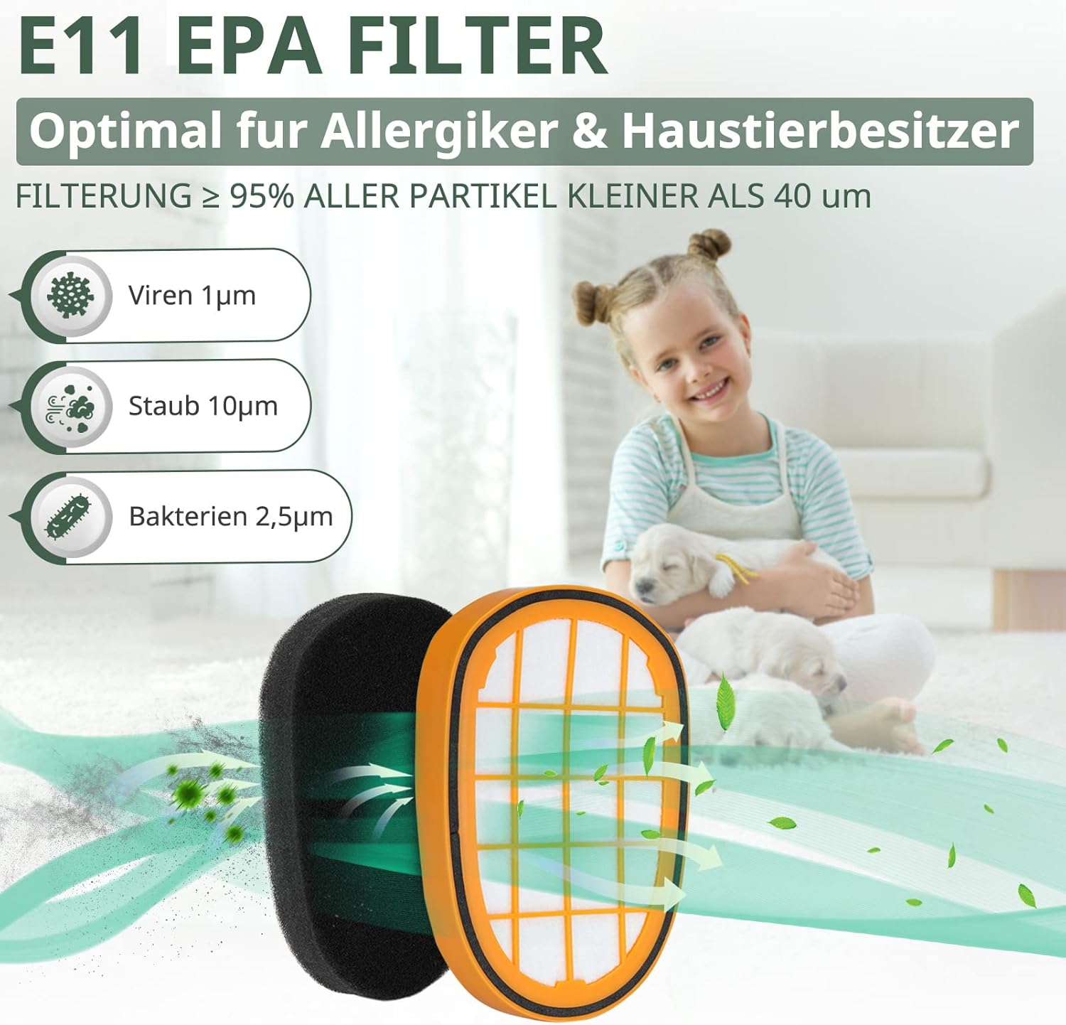 Ein lächelndes Mädchen hält Welpen. Im Vordergrund befindet sich ein Filter. Der Text beschreibt die Filterwirkung gegen Viren, Staub.